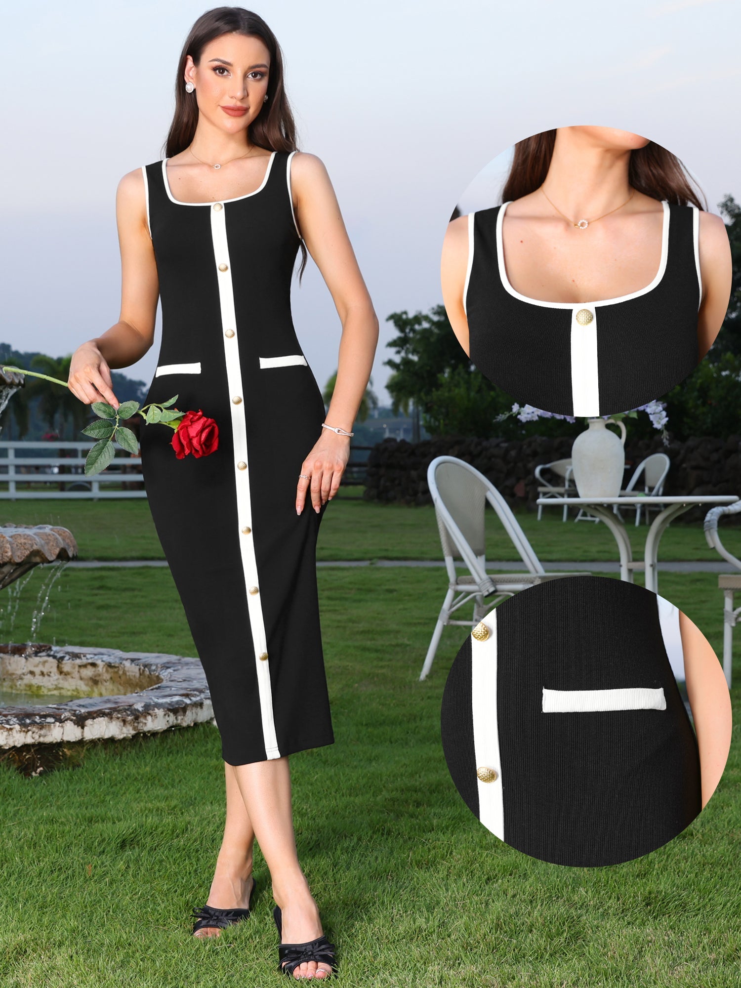 Square Neck Contrast Color Knit Midi Bodycon Dress