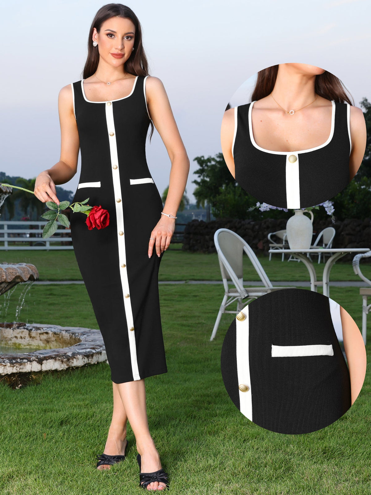 Square Neck Contrast Color Knit Midi Bodycon Dress
