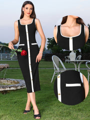 Square Neck Contrast Color Knit Midi Bodycon Dress