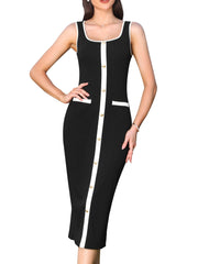 Square Neck Contrast Color Knit Midi Bodycon Dress