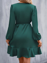 V Neck Satin Puff Long Sleeves Wrap Dress
