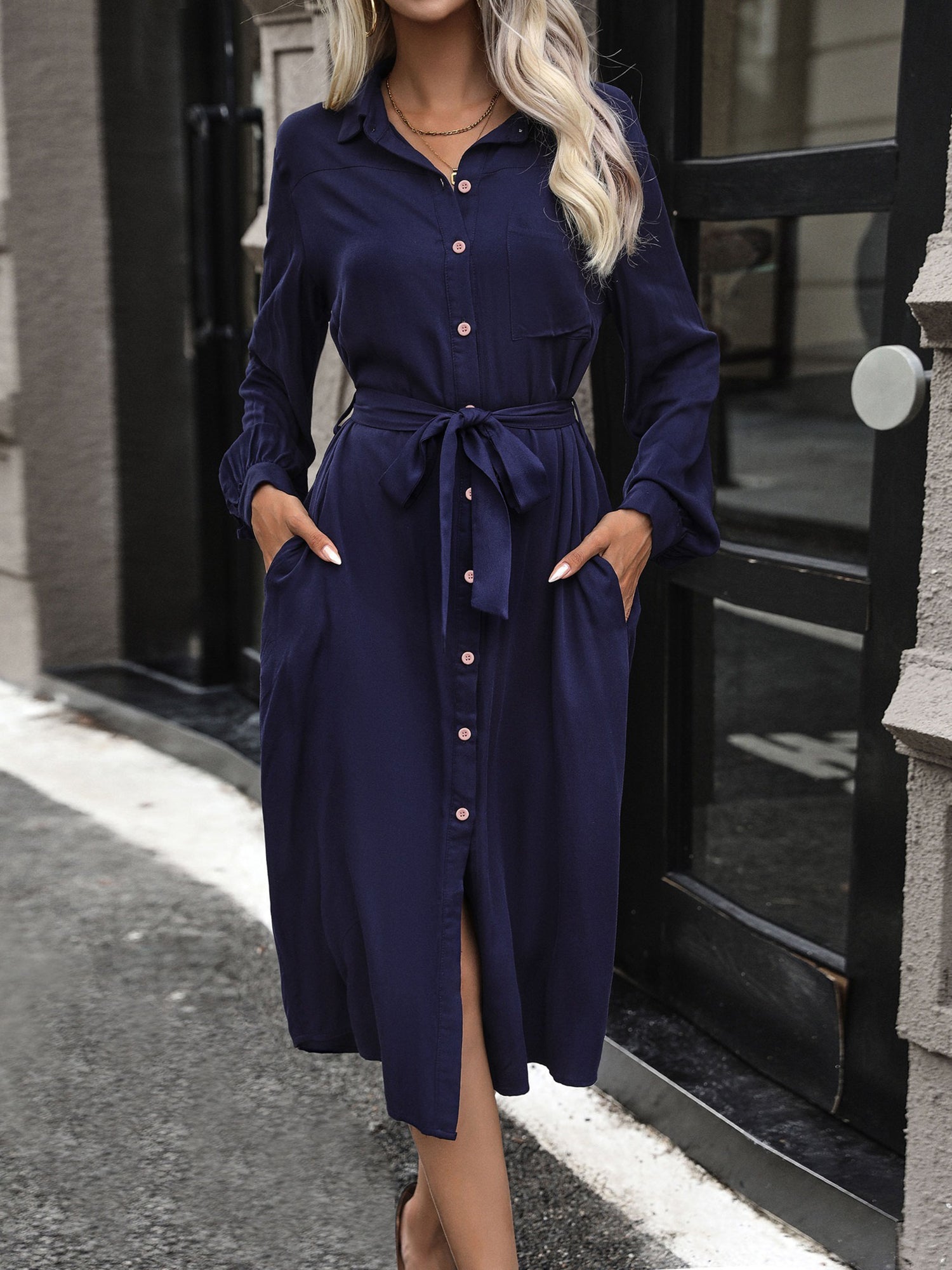 Collared Long Sleeves Pockets Midi Shirt Dress