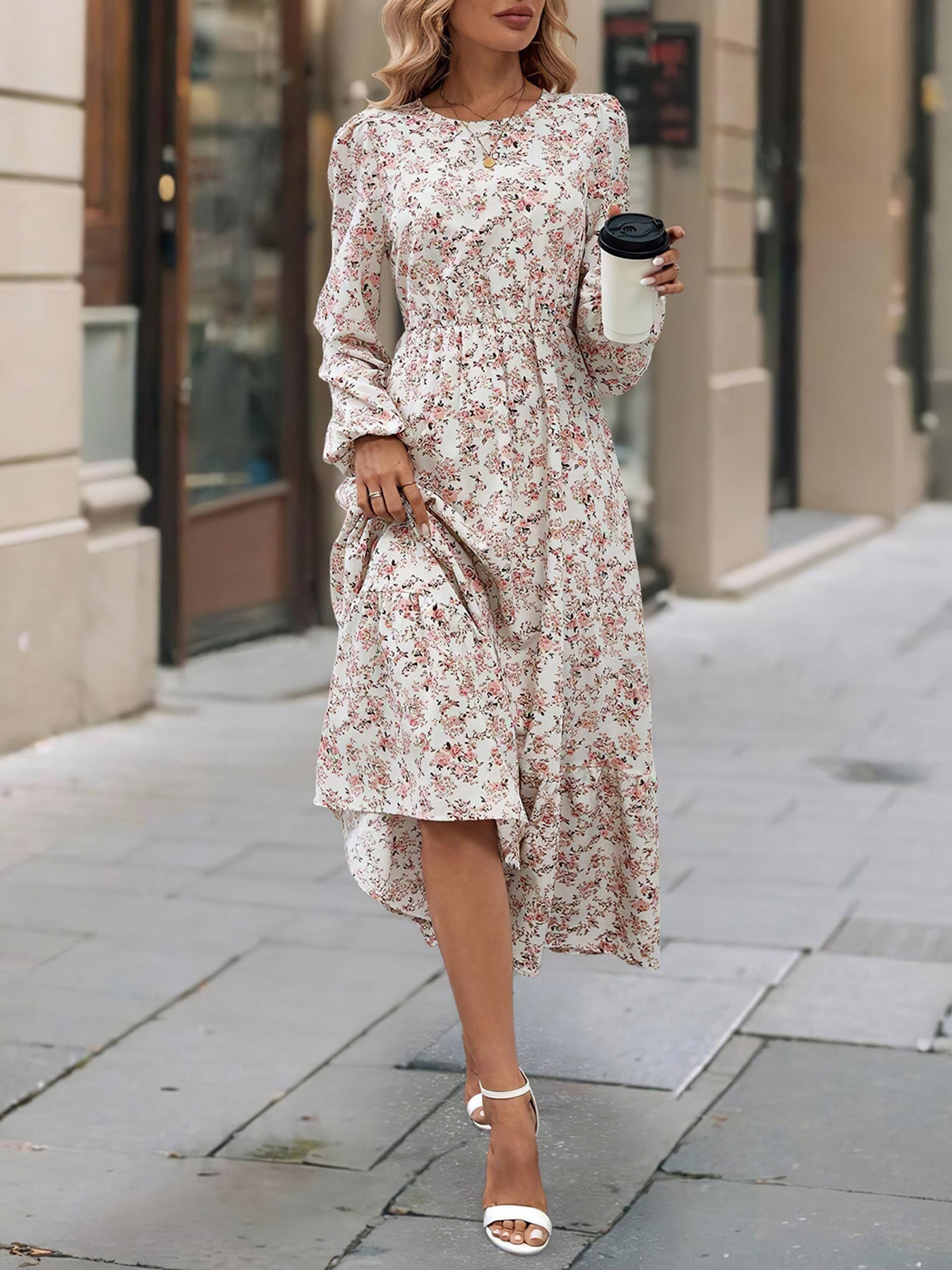 Floral Round Neck Puff Long Sleeve Midi Dress