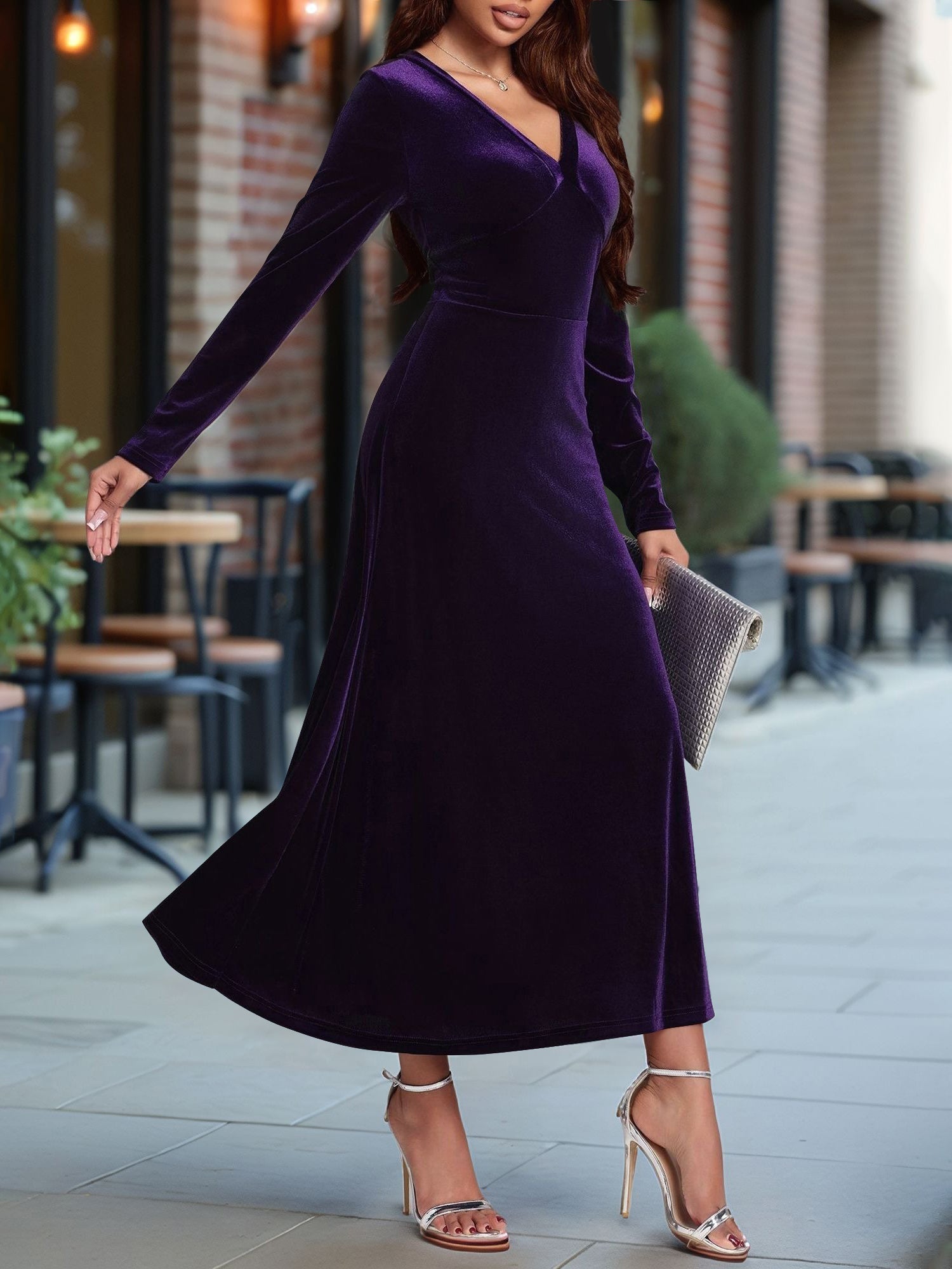 V Neck Long Sleeves Velvet A-Line Maxi Dress