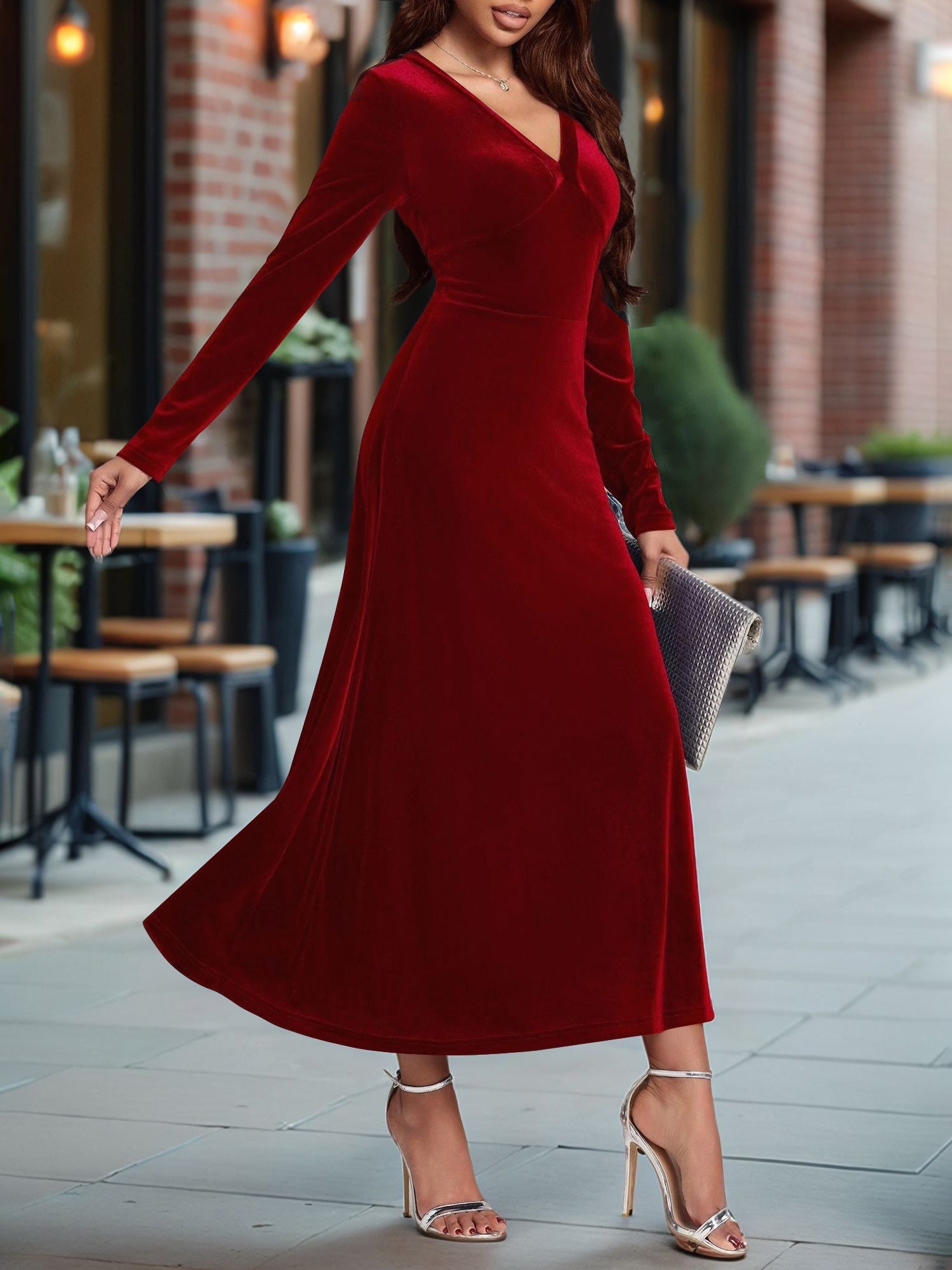 V Neck Long Sleeves Velvet A-Line Maxi Dress