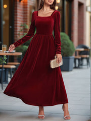 Velvet Backless Square Neck Long Sleeves A-Line Maxi Dress