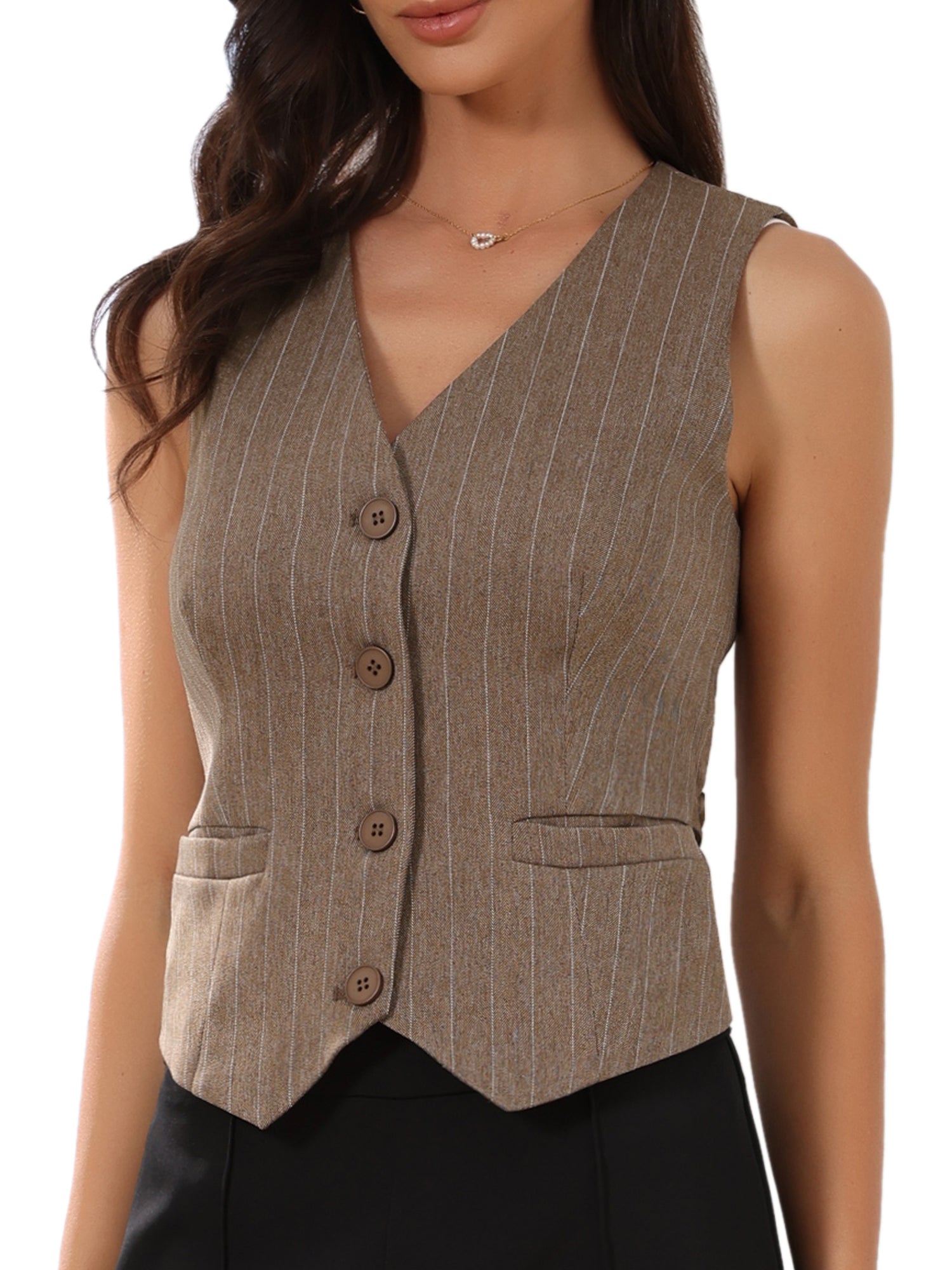 Striped V Neck Sleeveless Button Down Pocketed Fully Lined Waistcoat Vest