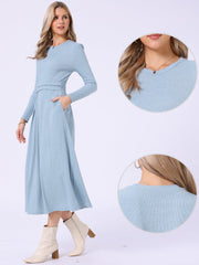Crew Neck Long Sleeve Pocketed A-Line Sweater Dresses