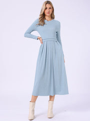 Crew Neck Long Sleeve Pocketed A-Line Sweater Dresses