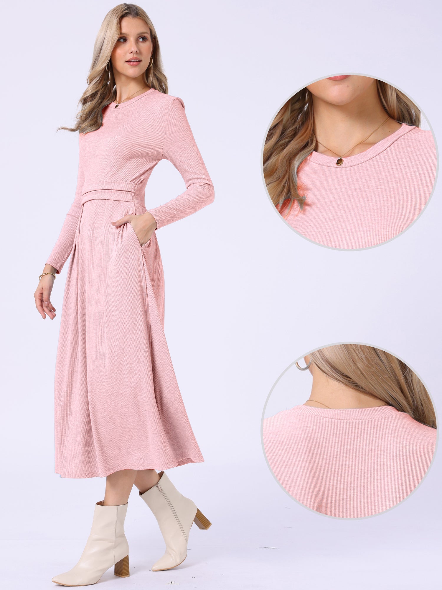 Crew Neck Long Sleeve Pocketed A-Line Sweater Dresses