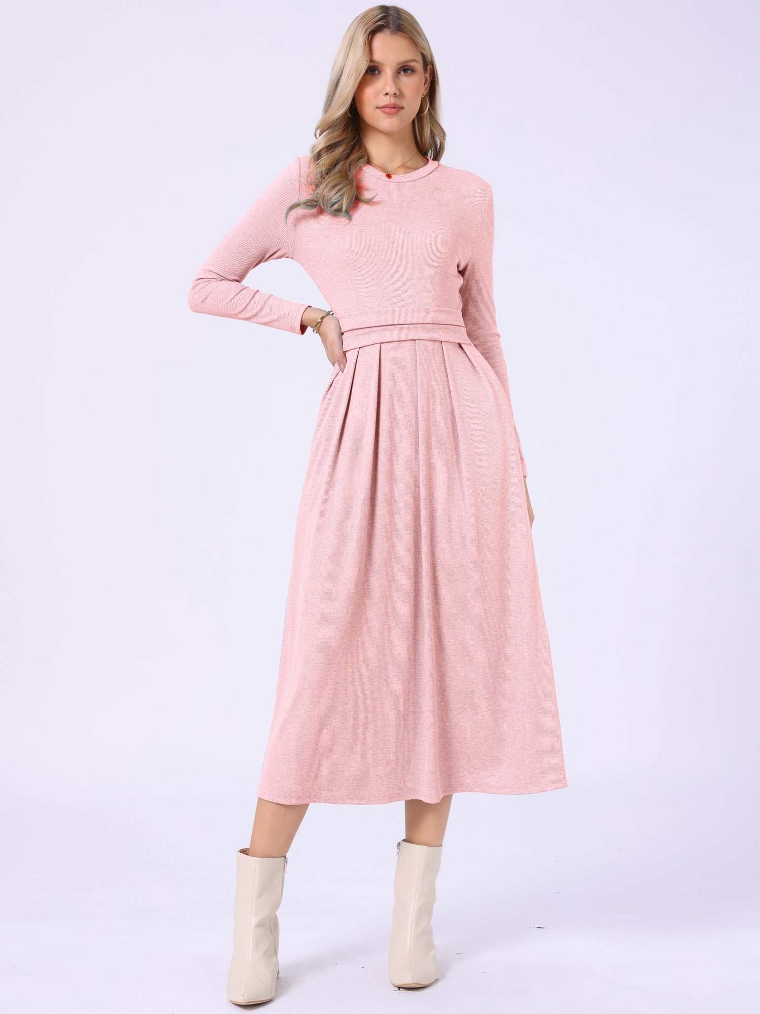Crew Neck Long Sleeve Pocketed A-Line Sweater Dresses