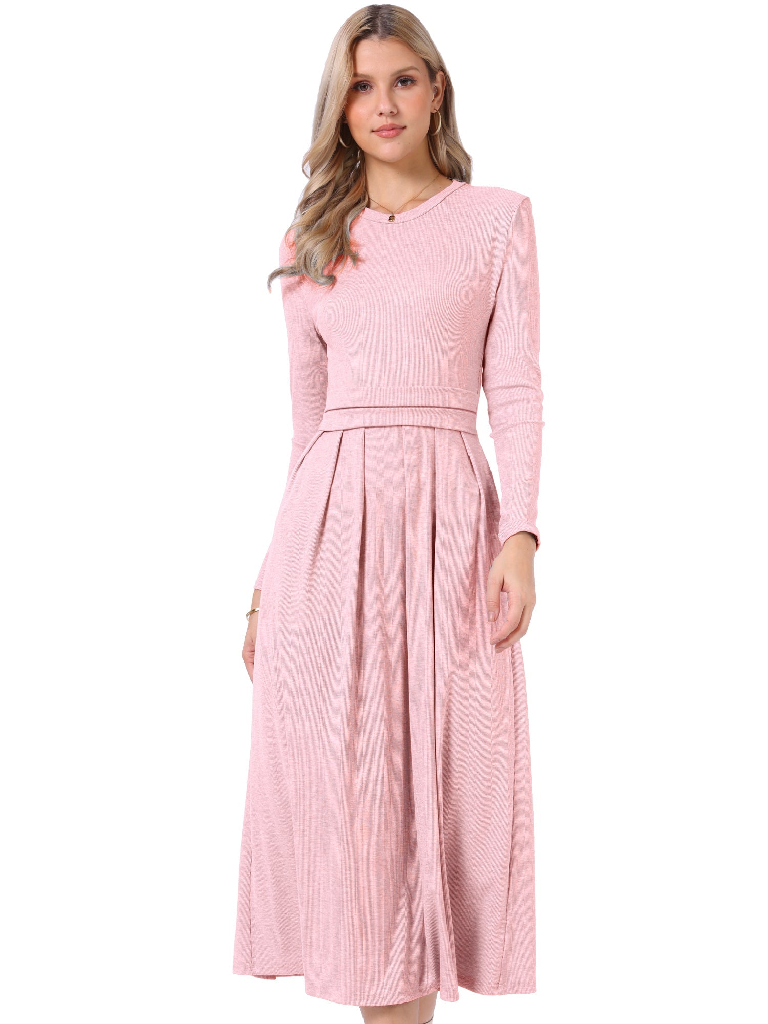 Crew Neck Long Sleeve Pocketed A-Line Sweater Dresses