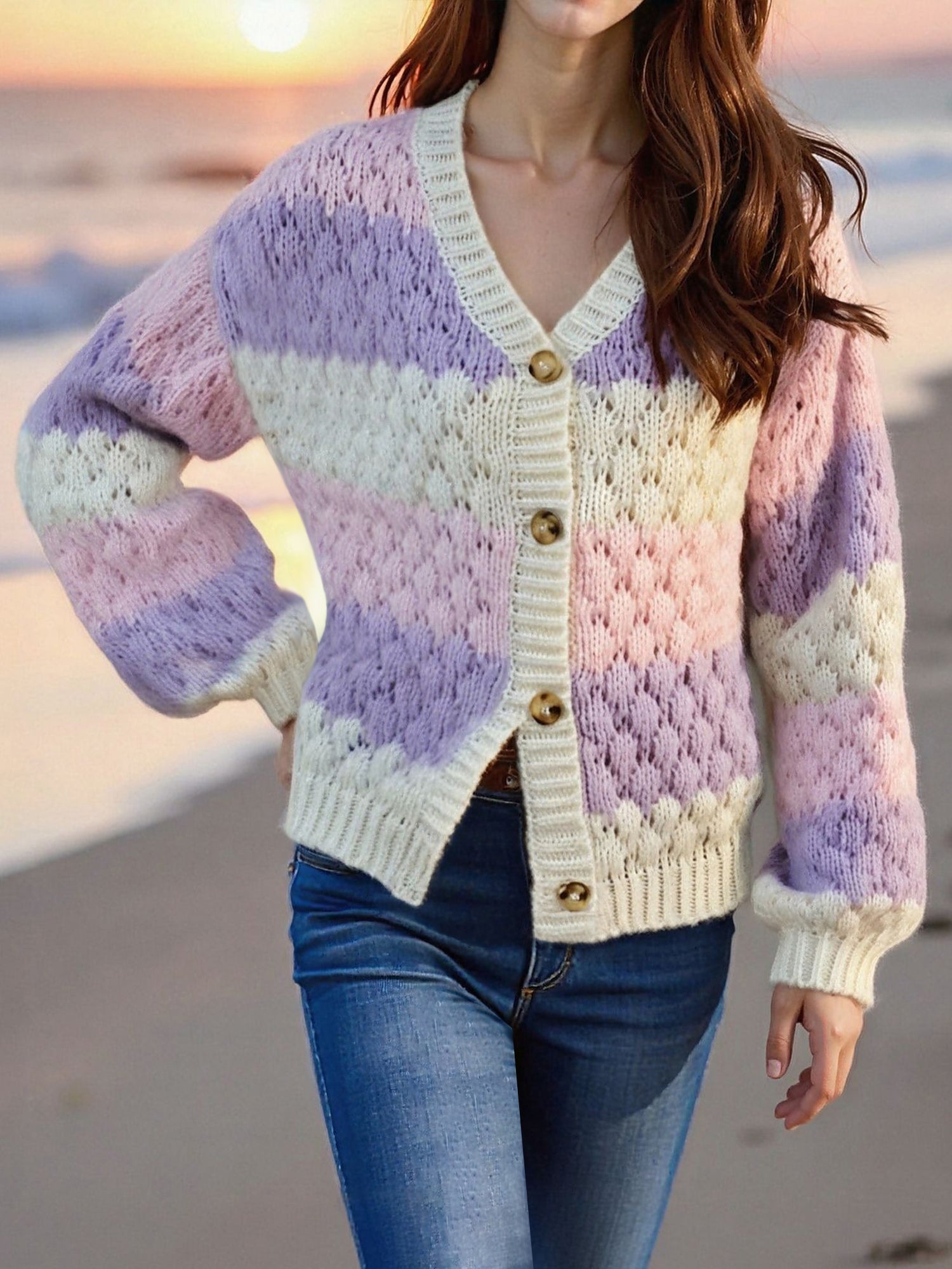 Colorblock Striped Long Sleeves Knitted Casual Cardigans