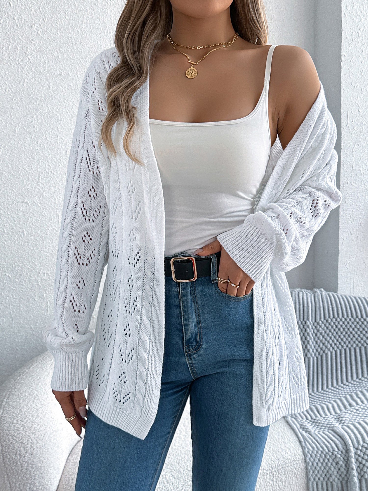 Casual Solid Color Hollow Long Sleeves Cardigan