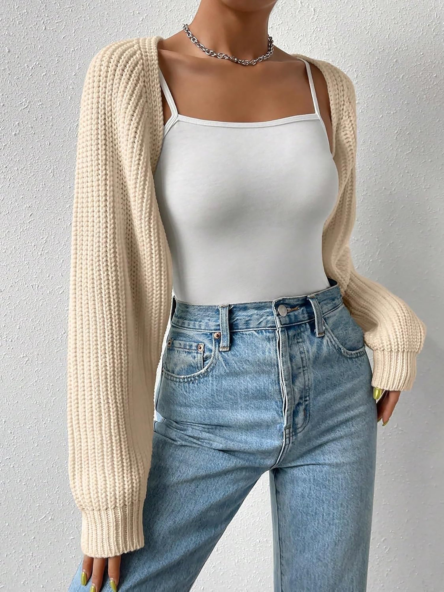 Ribbed Knit Open Front Long Sleeves Cardigan Shrugs