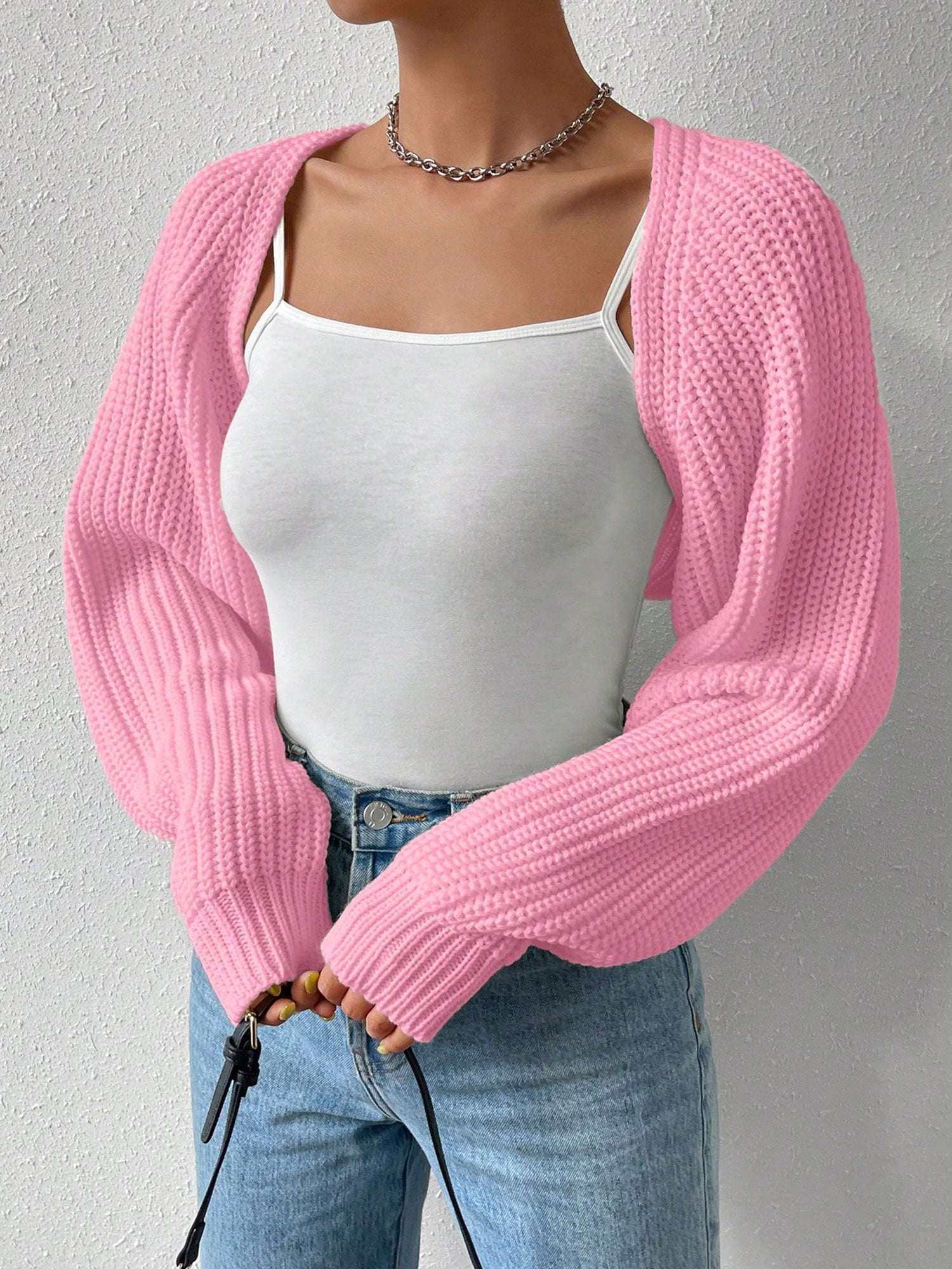 Ribbed Knit Open Front Long Sleeves Cardigan Shrugs