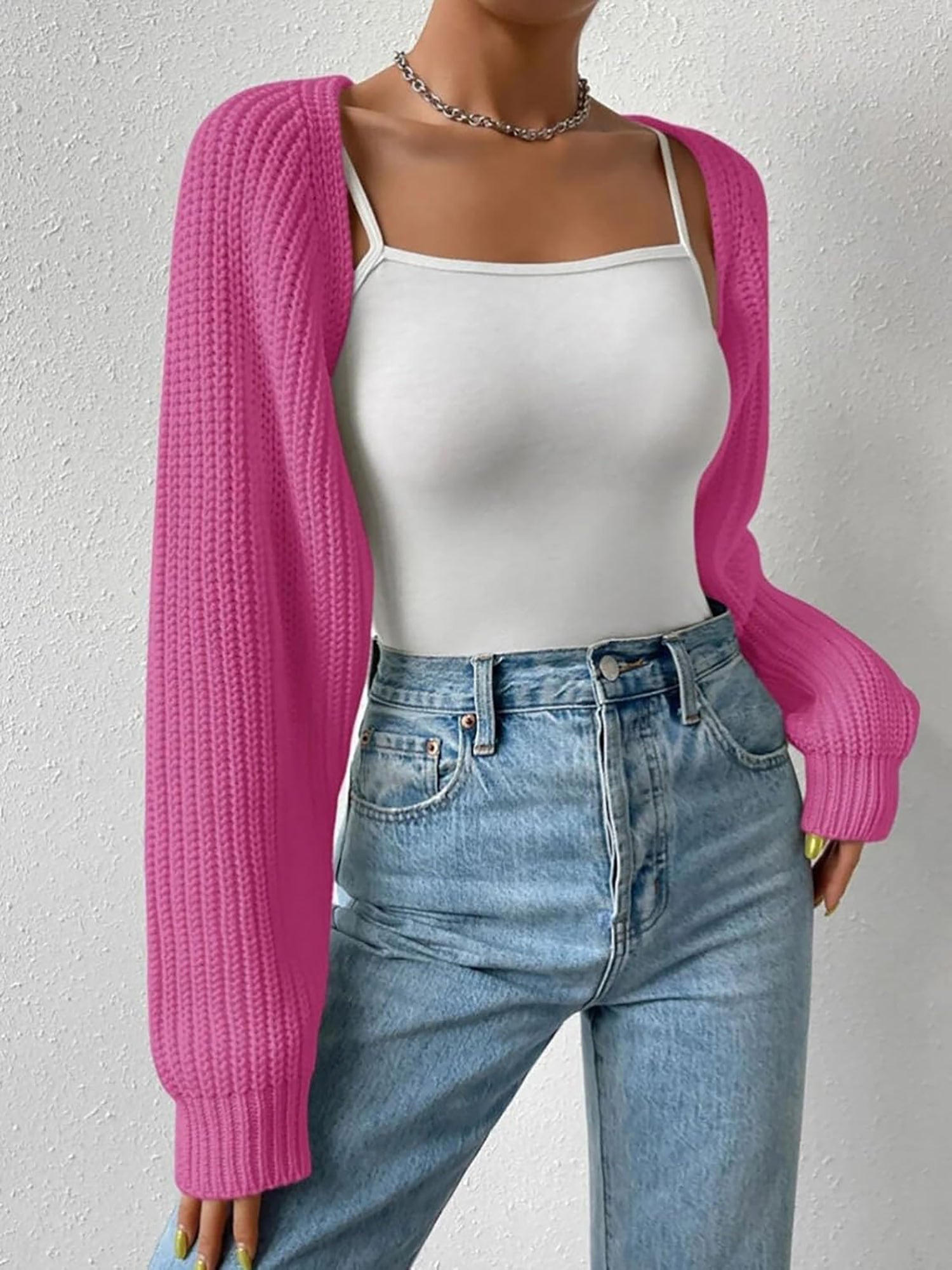 Ribbed Knit Open Front Long Sleeves Cardigan Shrugs