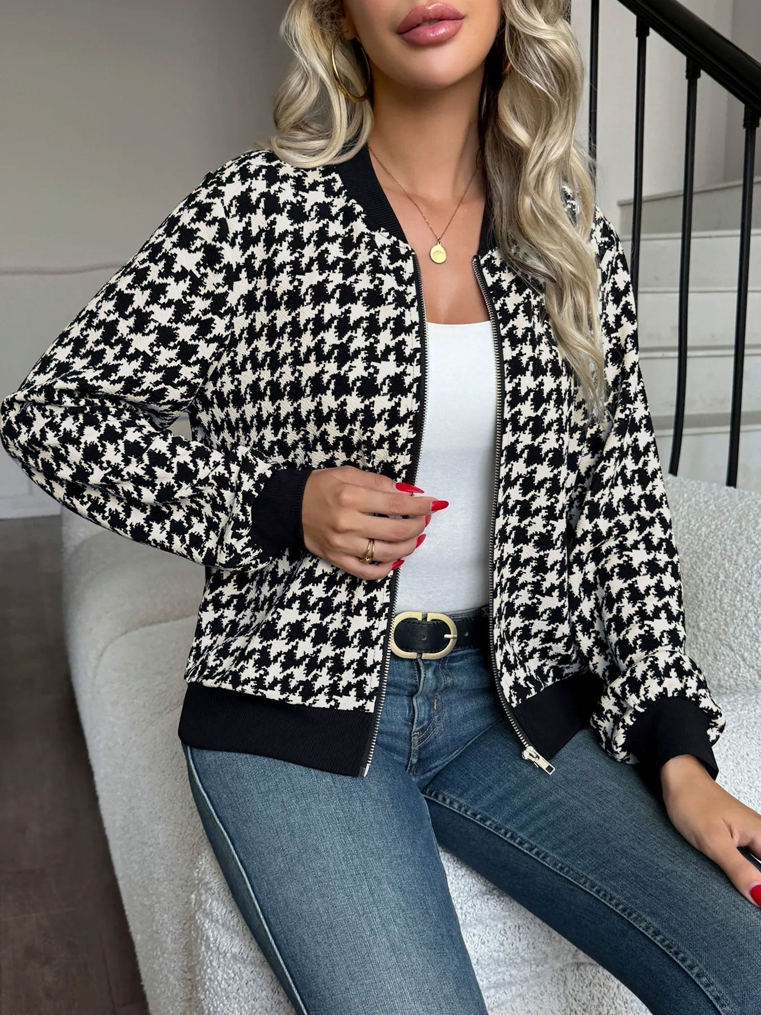 Zipper Long Sleeves Houndstooth Bomber Jacket