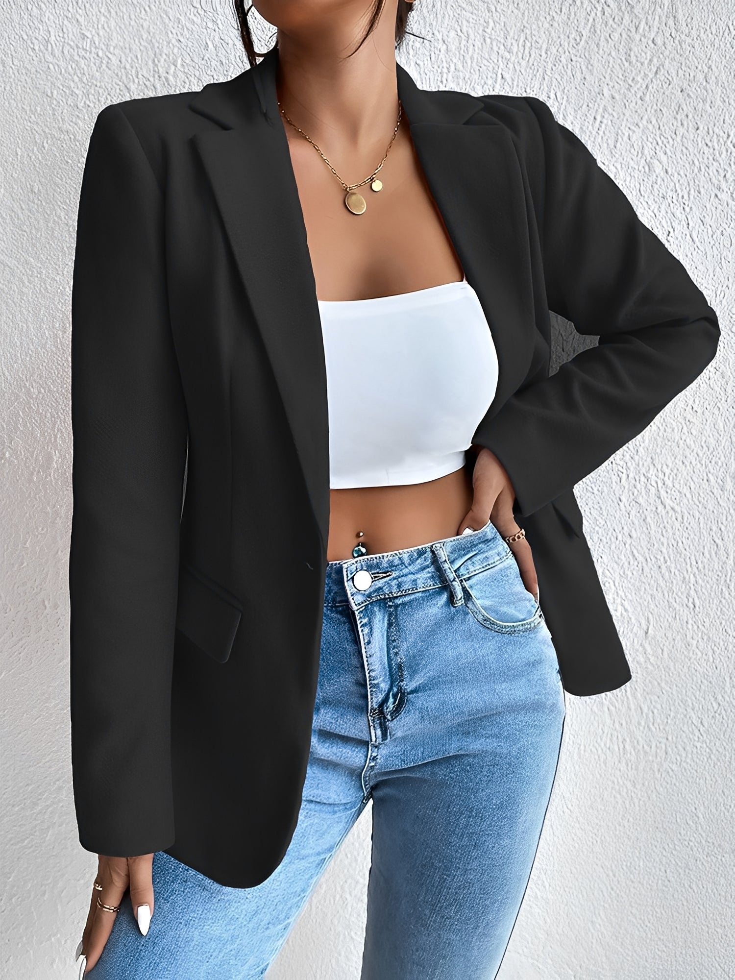 Solid Color Notched Laple One Button Blazer