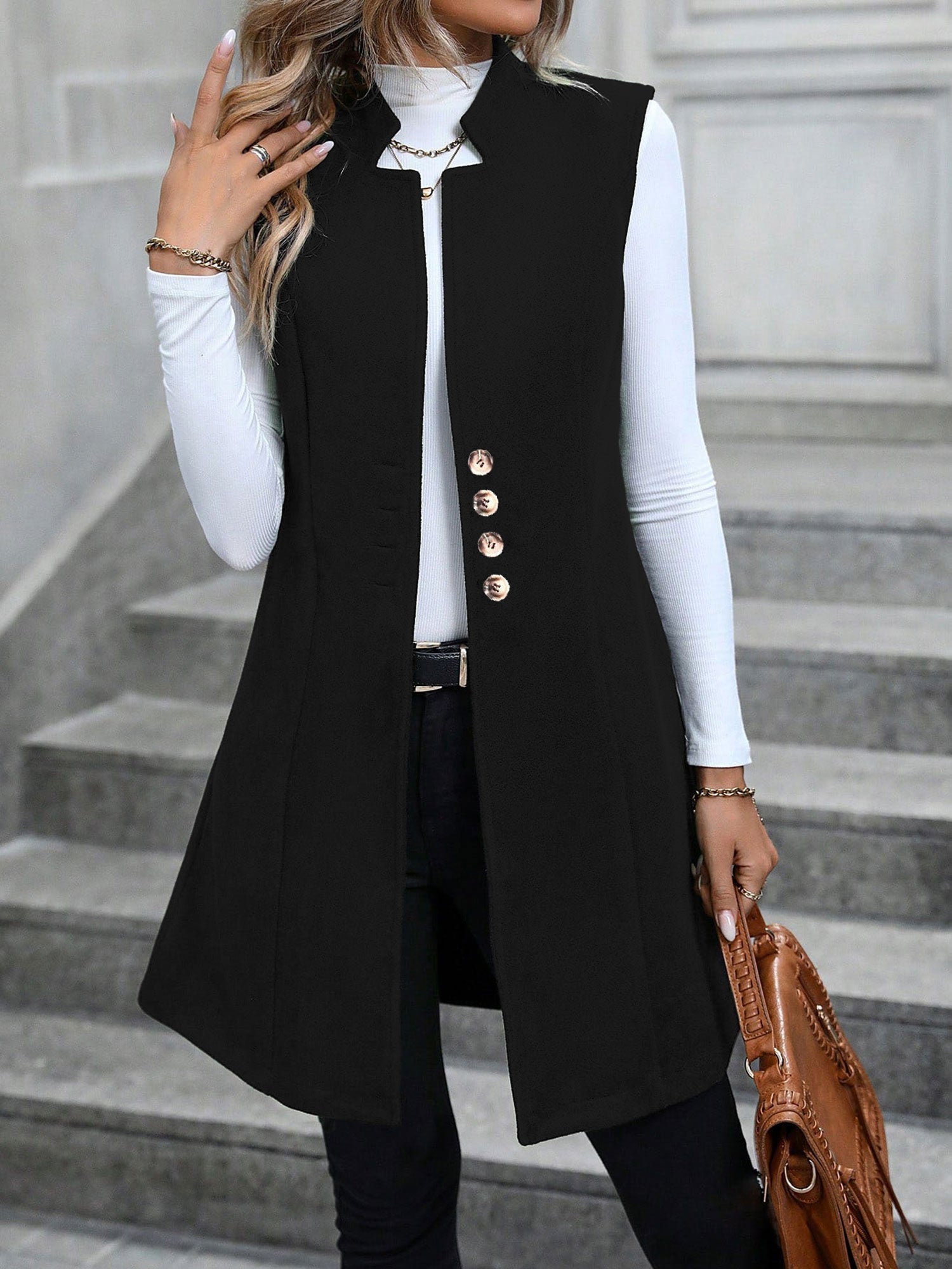Solid Color Sleeveless Pockets Mid-Length Vest