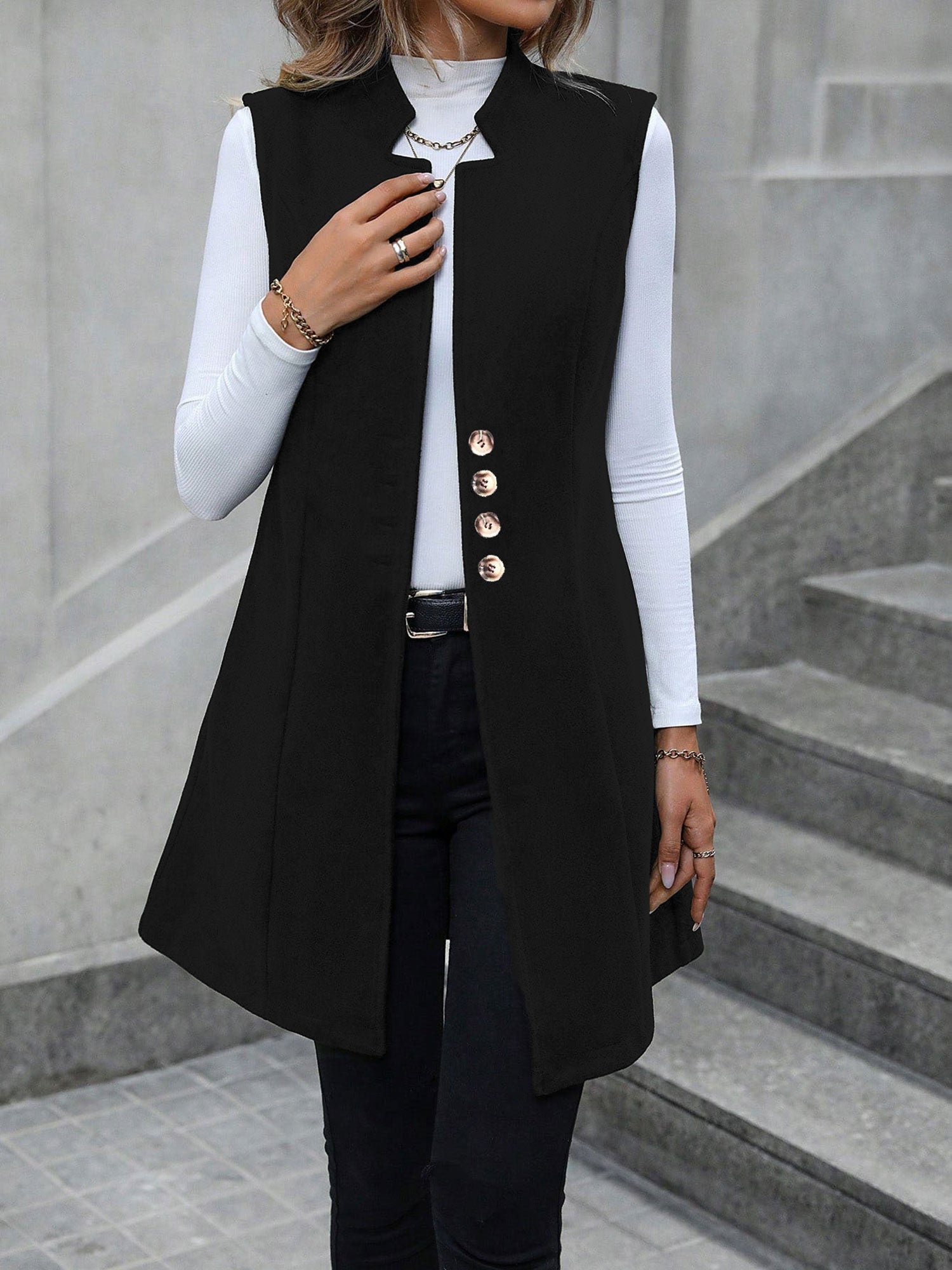 Solid Color Sleeveless Pockets Mid-Length Vest