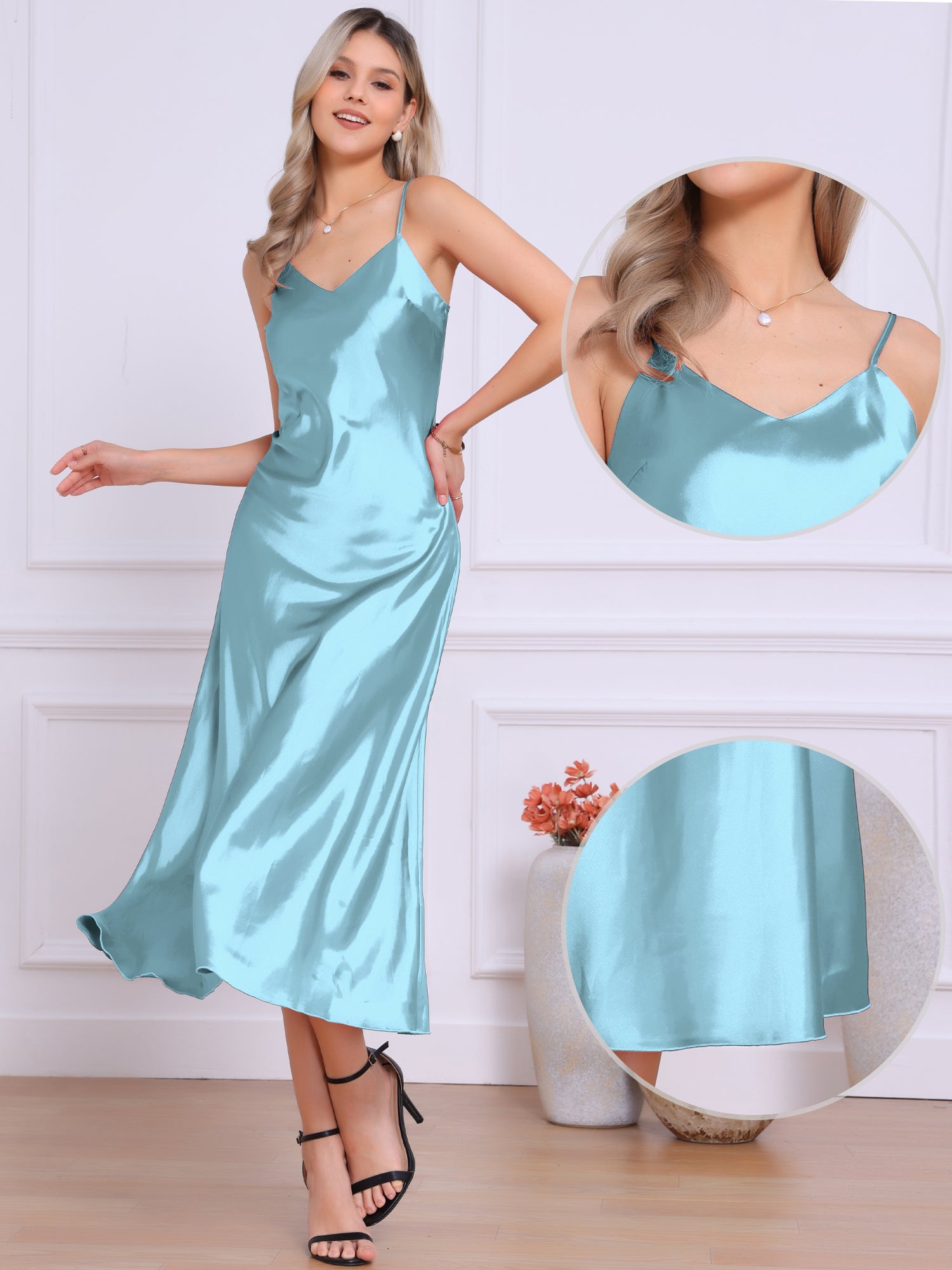 Satin Sleeveless Spaghetti Strap Maxi Dress