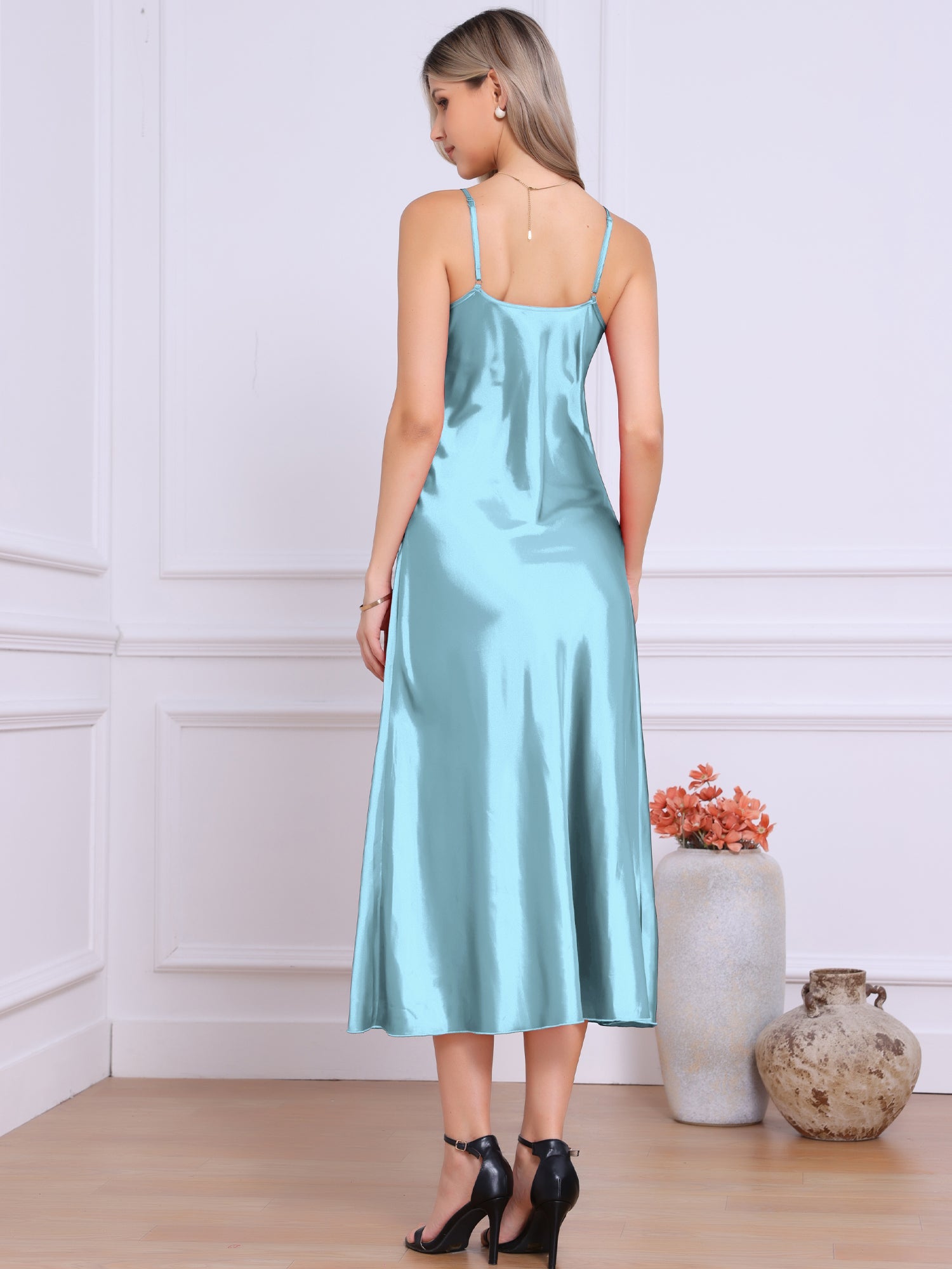 Satin Sleeveless Spaghetti Strap Maxi Dress