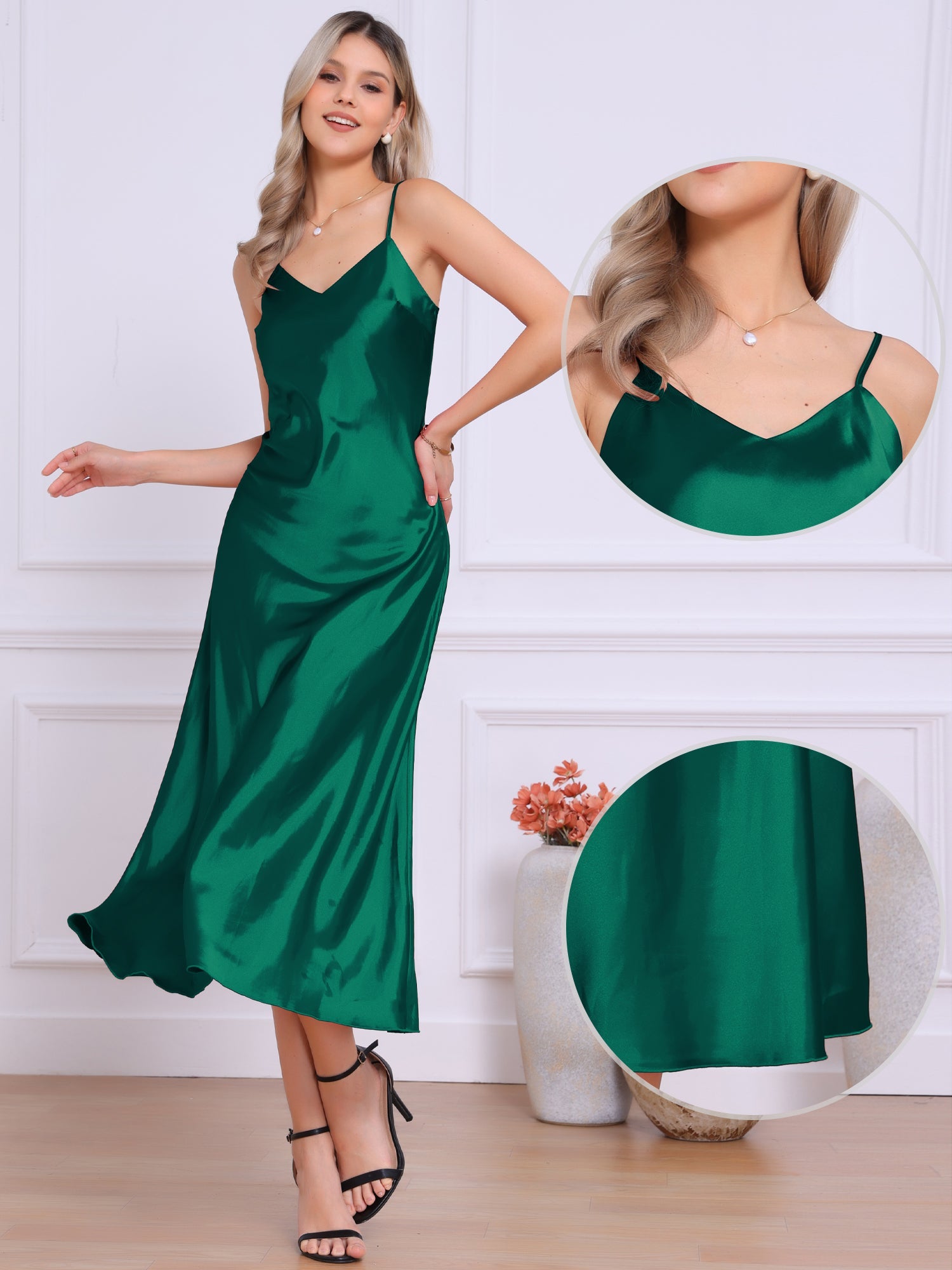 Satin Sleeveless Spaghetti Strap Maxi Dress