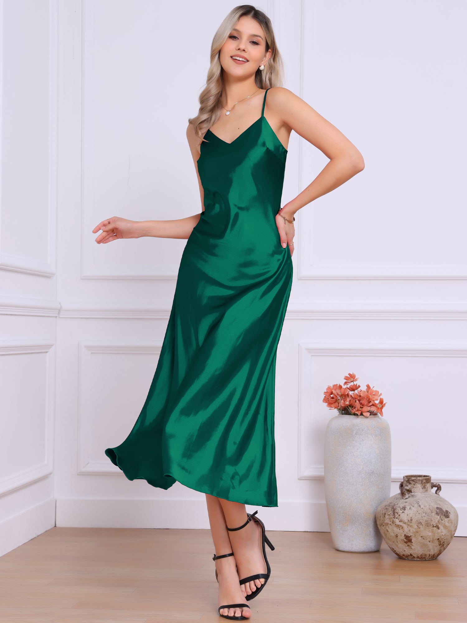 Satin Sleeveless Spaghetti Strap Maxi Dress