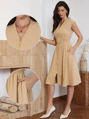 Smocked Waist Zipper Sleeveless A-Line Midi Dress