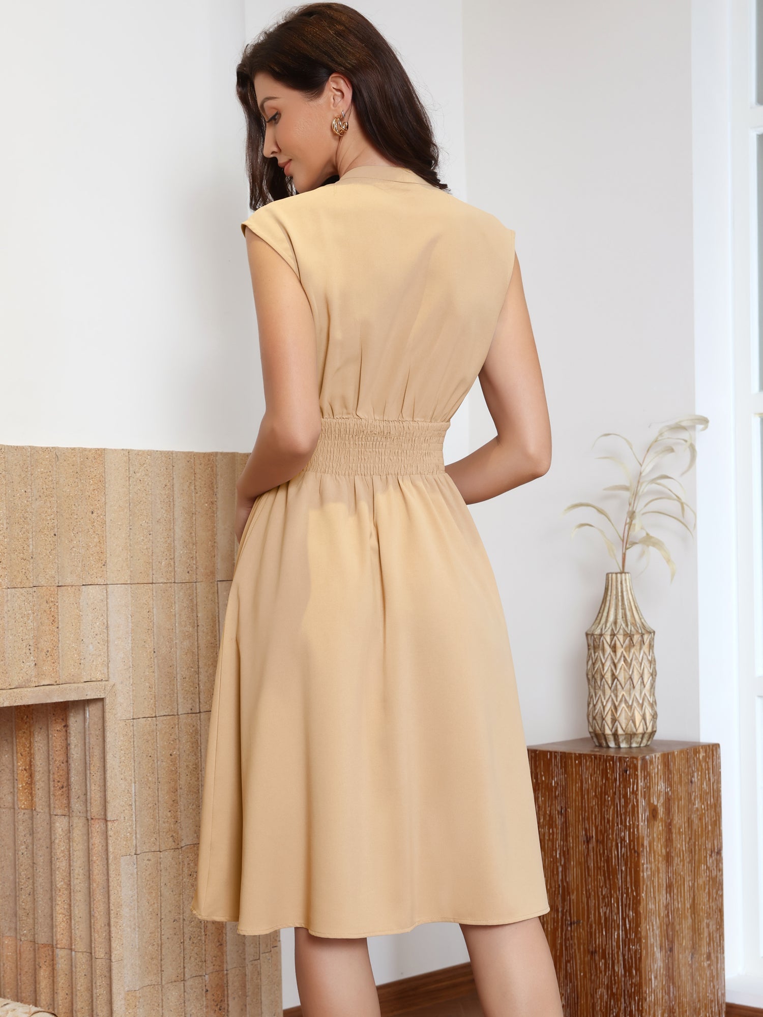Smocked Waist Zipper Sleeveless A-Line Midi Dress