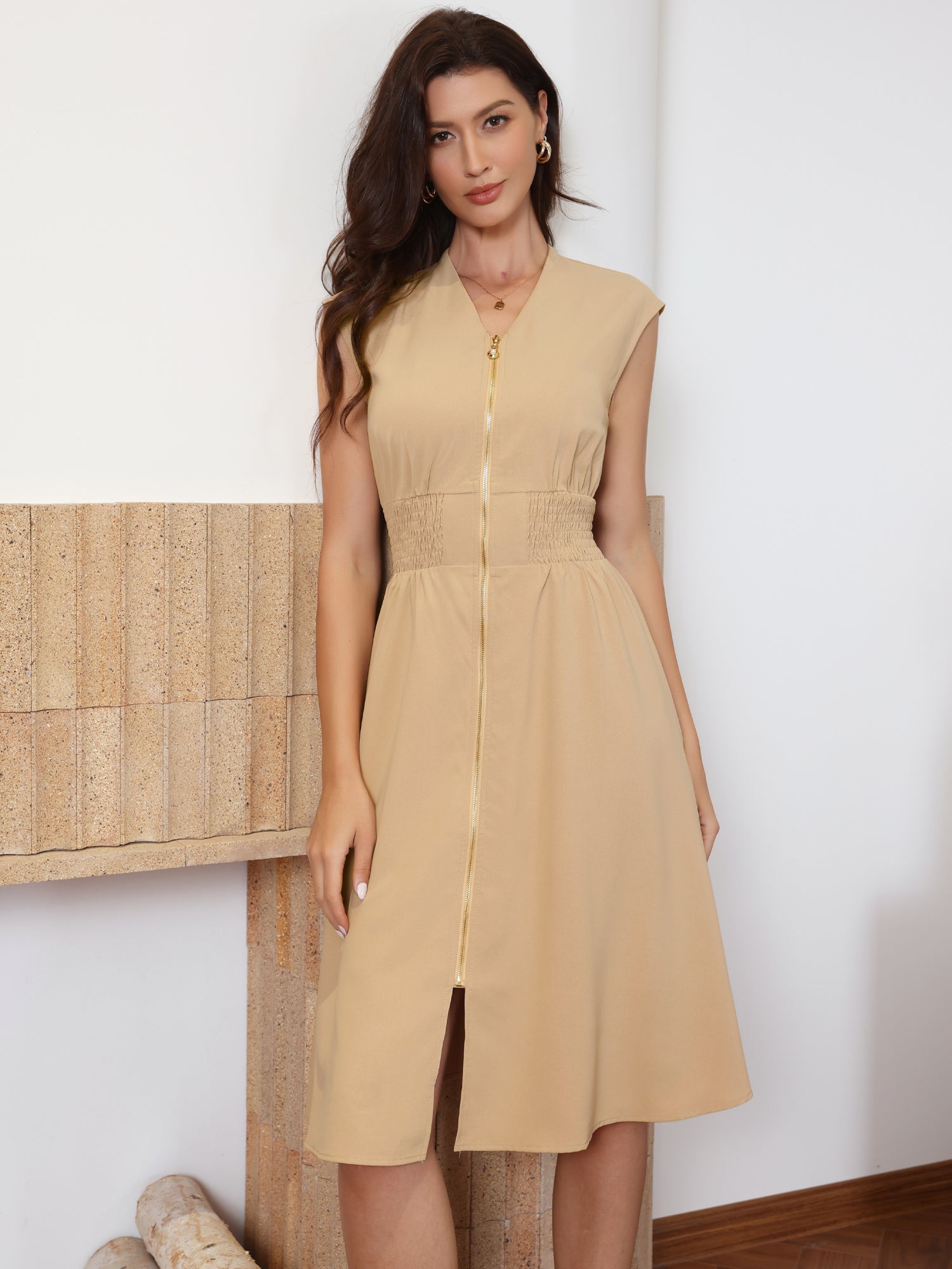 Smocked Waist Zipper Sleeveless A-Line Midi Dress