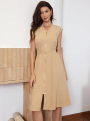Smocked Waist Zipper Sleeveless A-Line Midi Dress