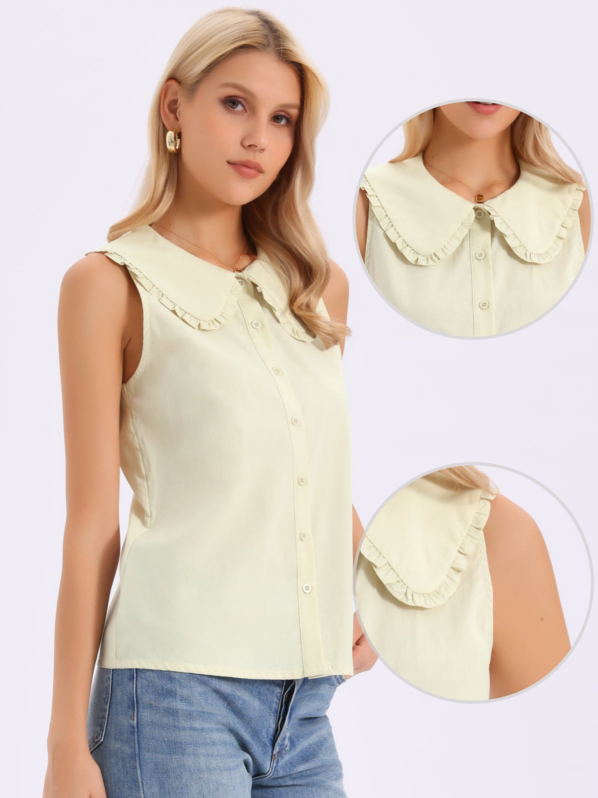 Ruffled Peter Pan Collar Sleeveless Button Down Blouse