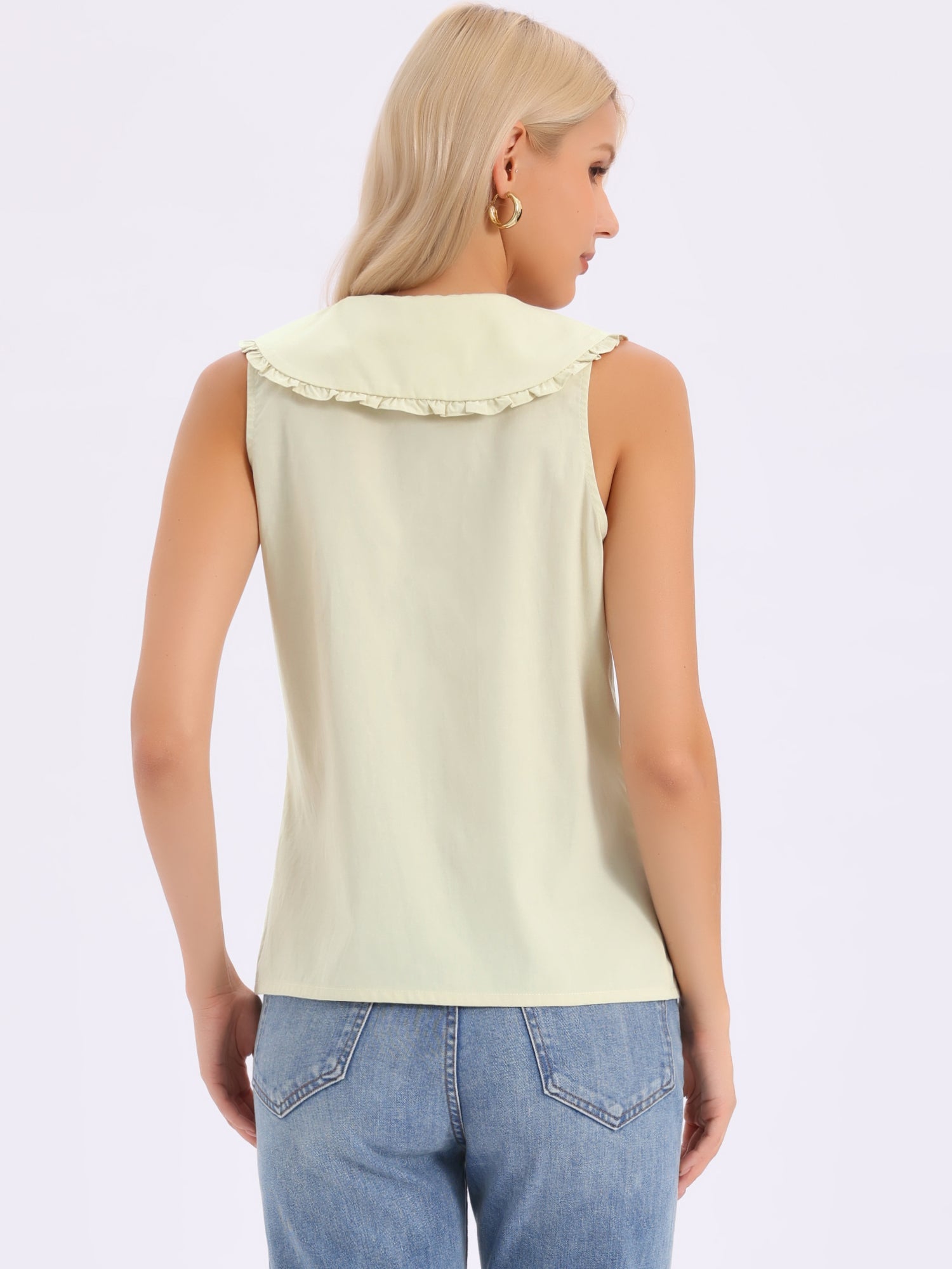 Ruffled Peter Pan Collar Sleeveless Button Down Blouse