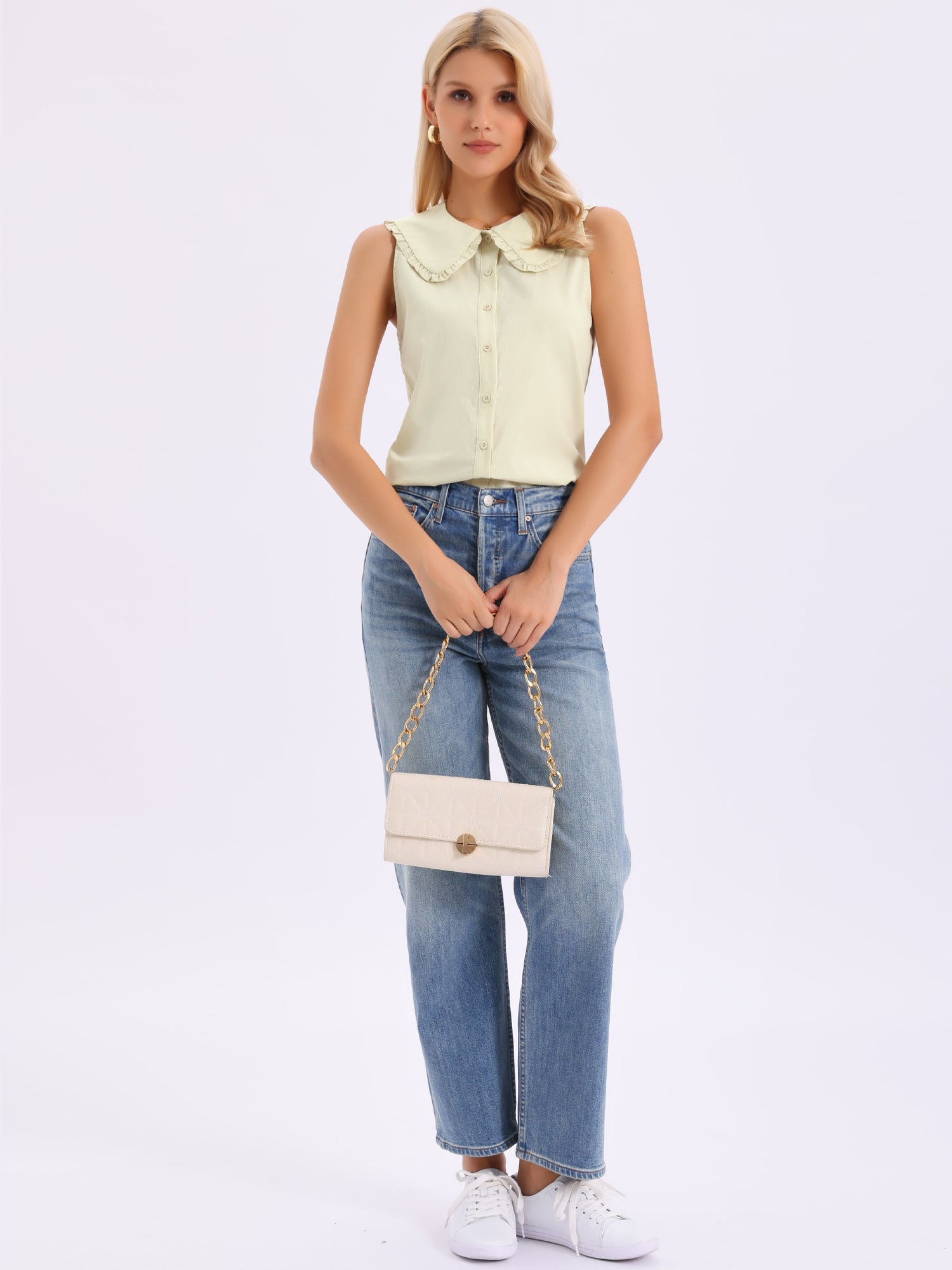 Ruffled Peter Pan Collar Sleeveless Button Down Blouse