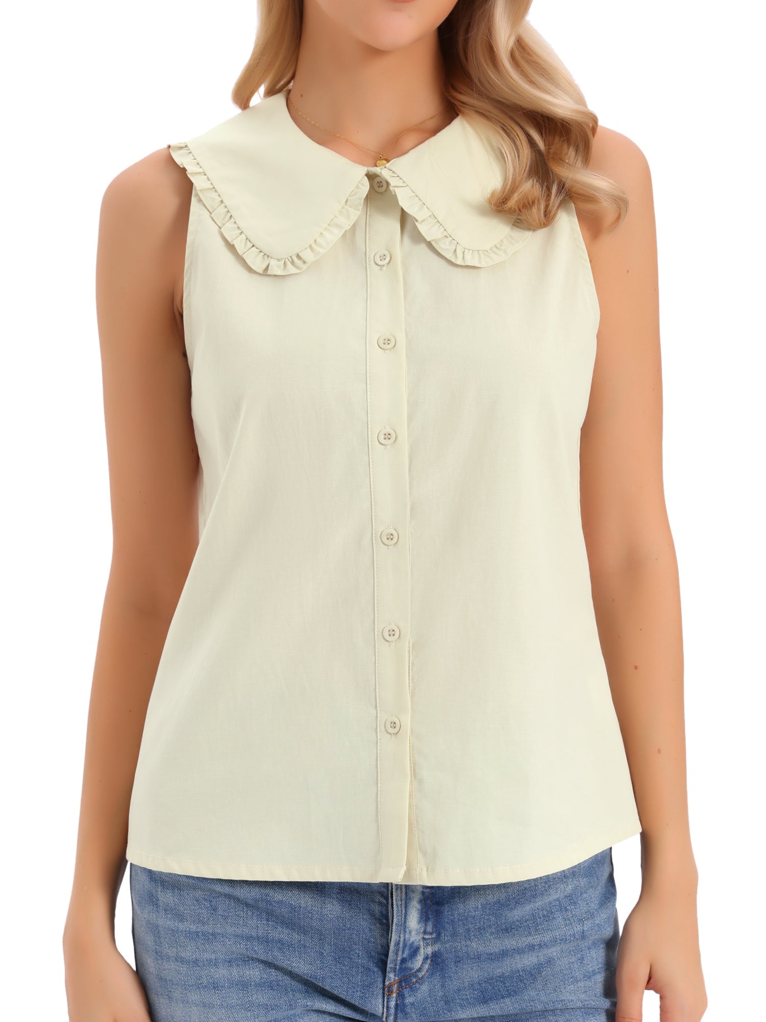 Ruffled Peter Pan Collar Sleeveless Button Down Blouse