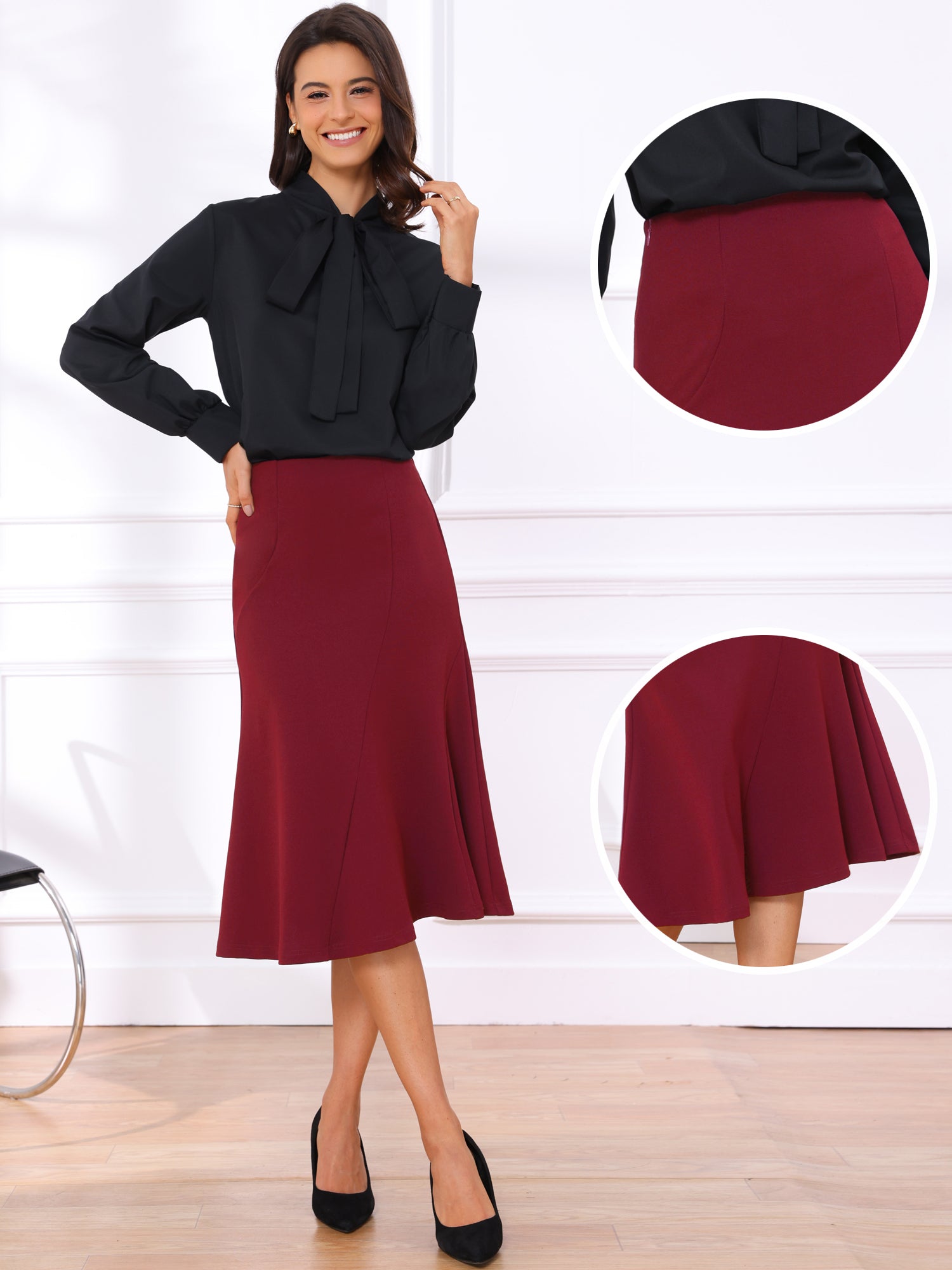 Solid Color Business Casual Midi High Waisted Flared Skirt