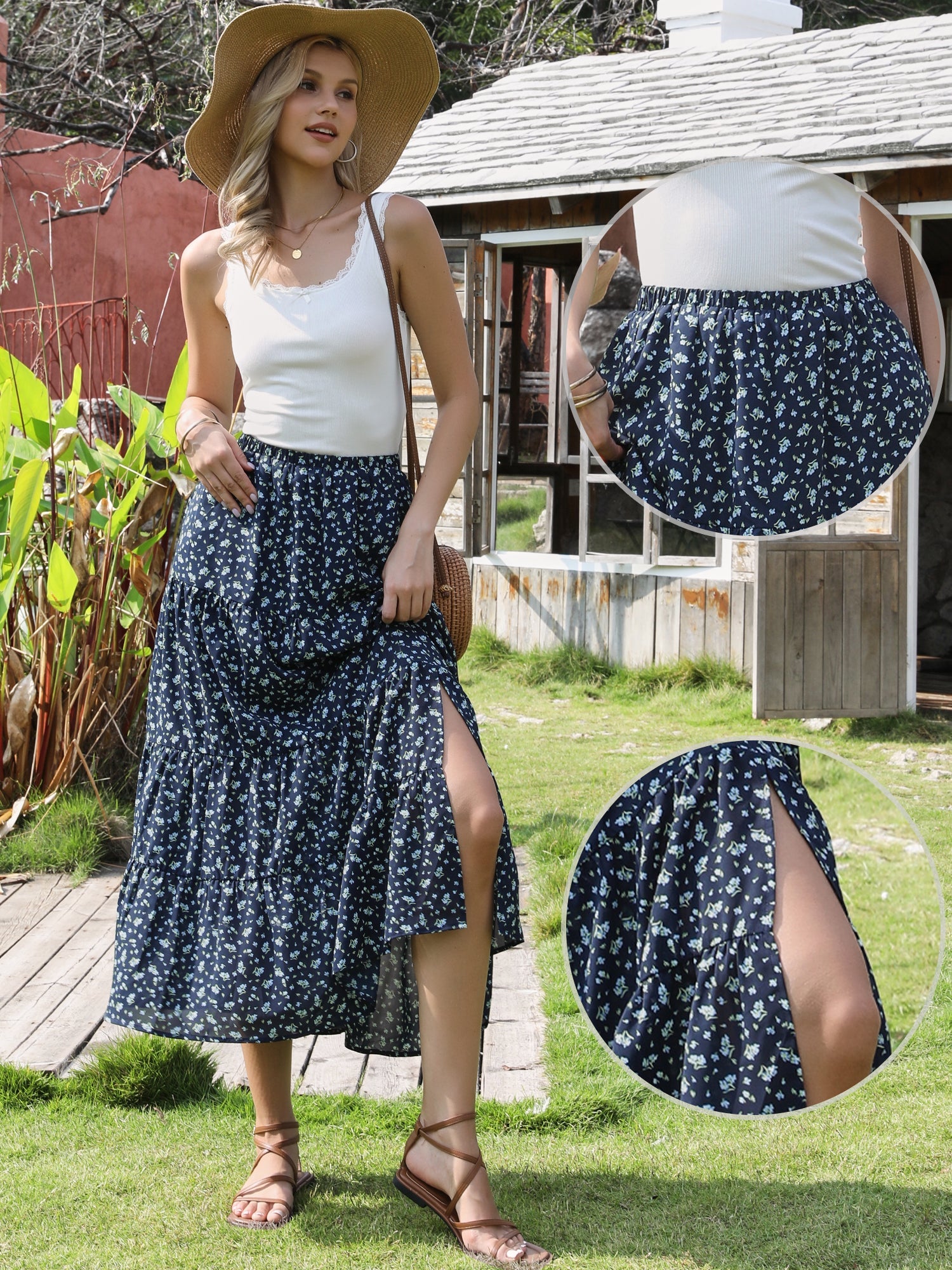 Floral Elastic Waisted Slit A-Line Tiered Long Skirts