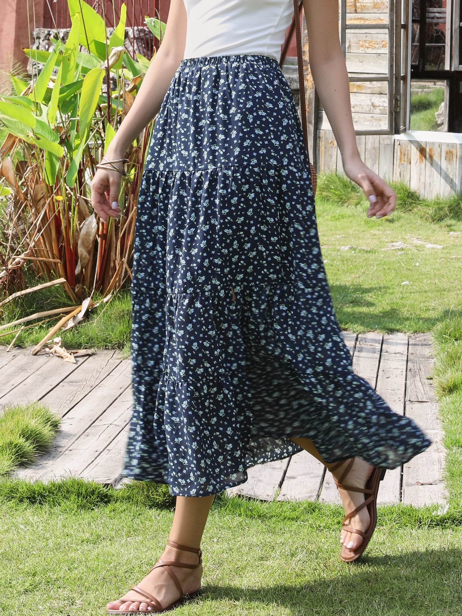 Floral Elastic Waisted Slit A-Line Tiered Long Skirts