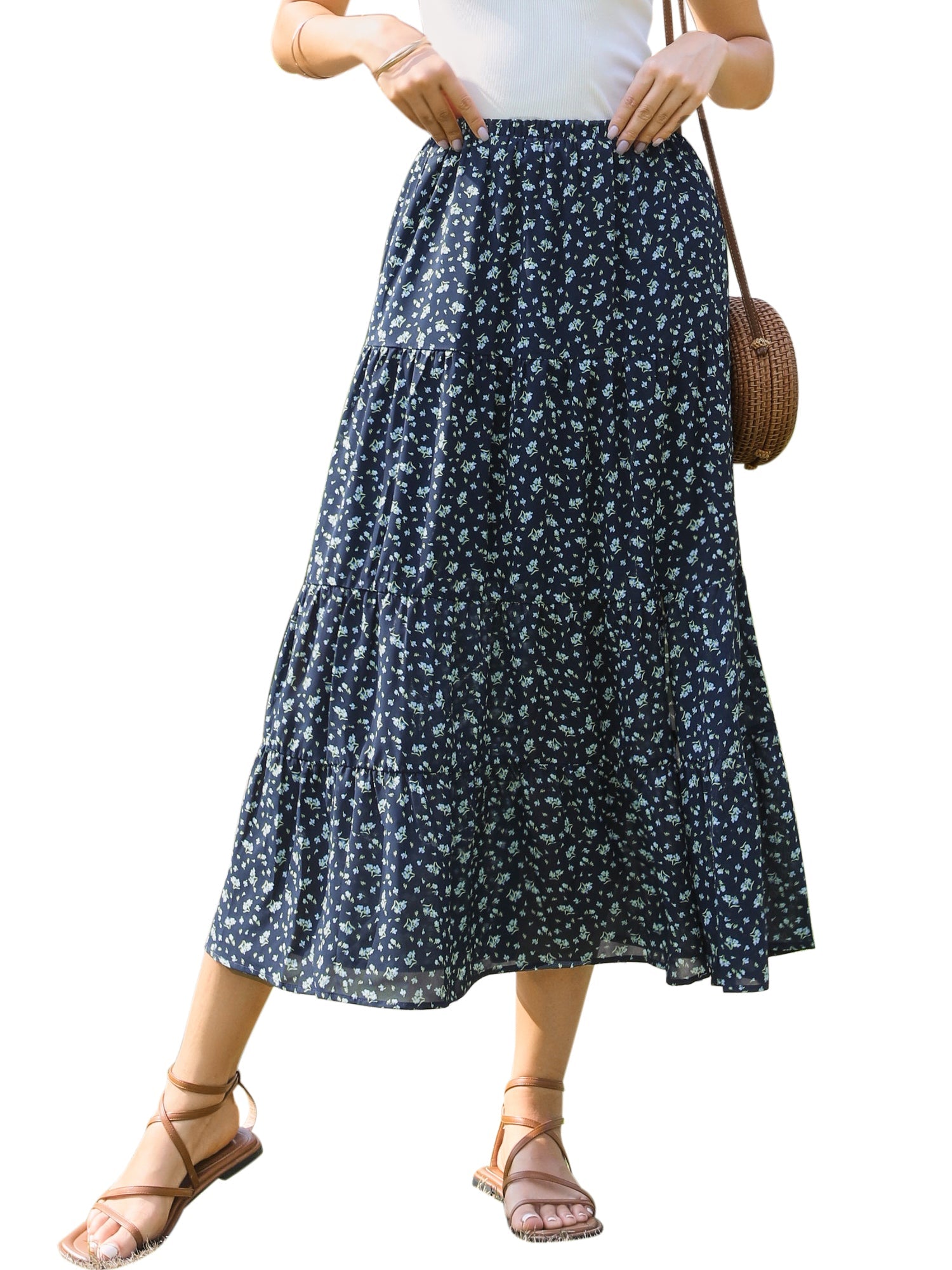 Floral Elastic Waisted Slit A-Line Tiered Long Skirts