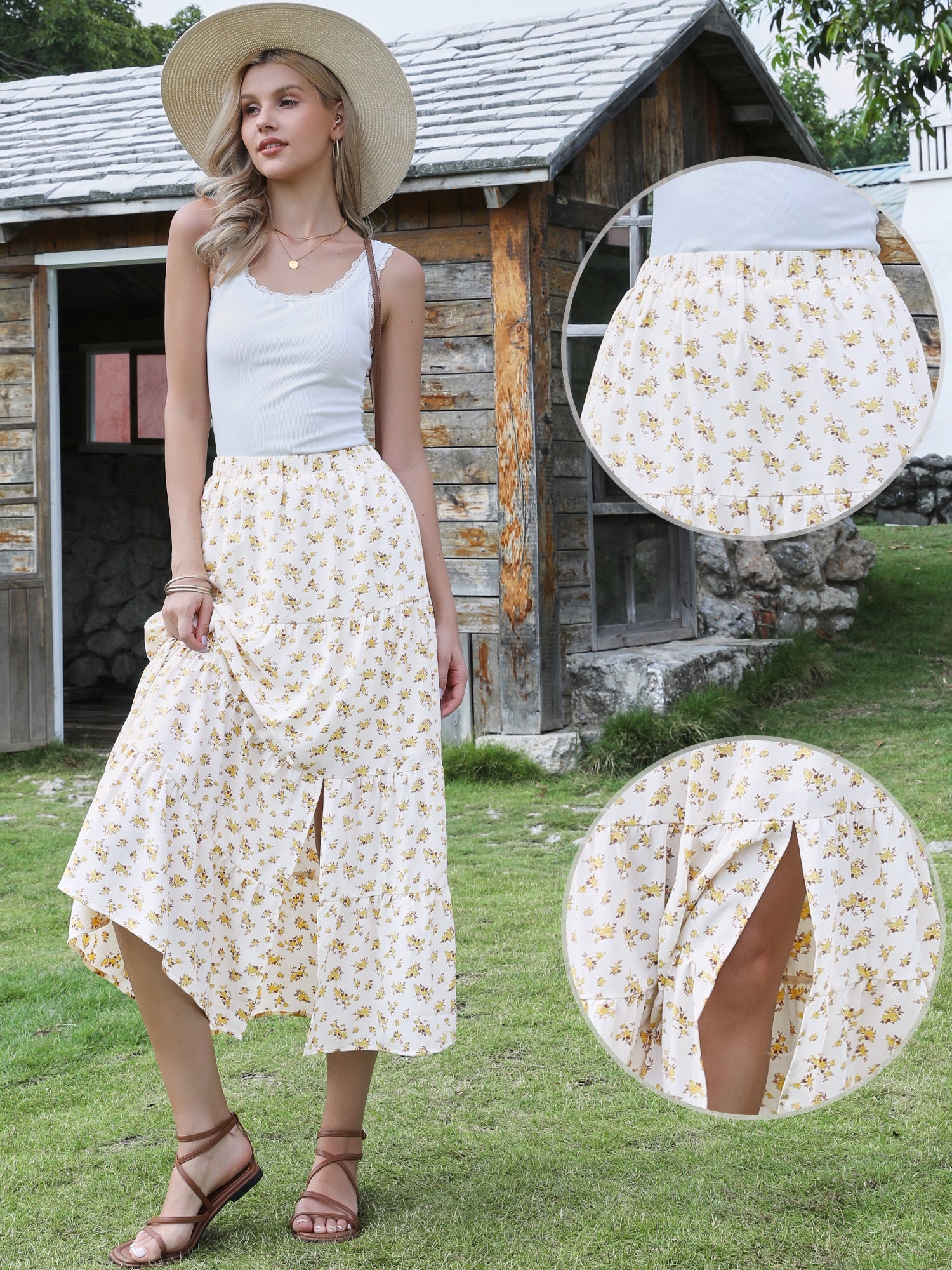 Floral Elastic Waisted Slit A-Line Tiered Long Skirts