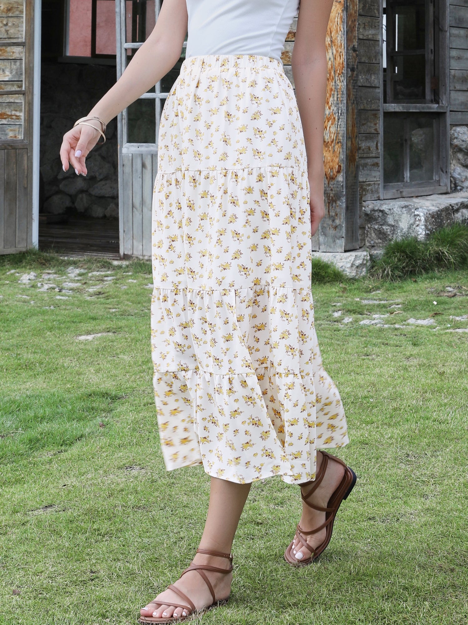 Floral Elastic Waisted Slit A-Line Tiered Long Skirts