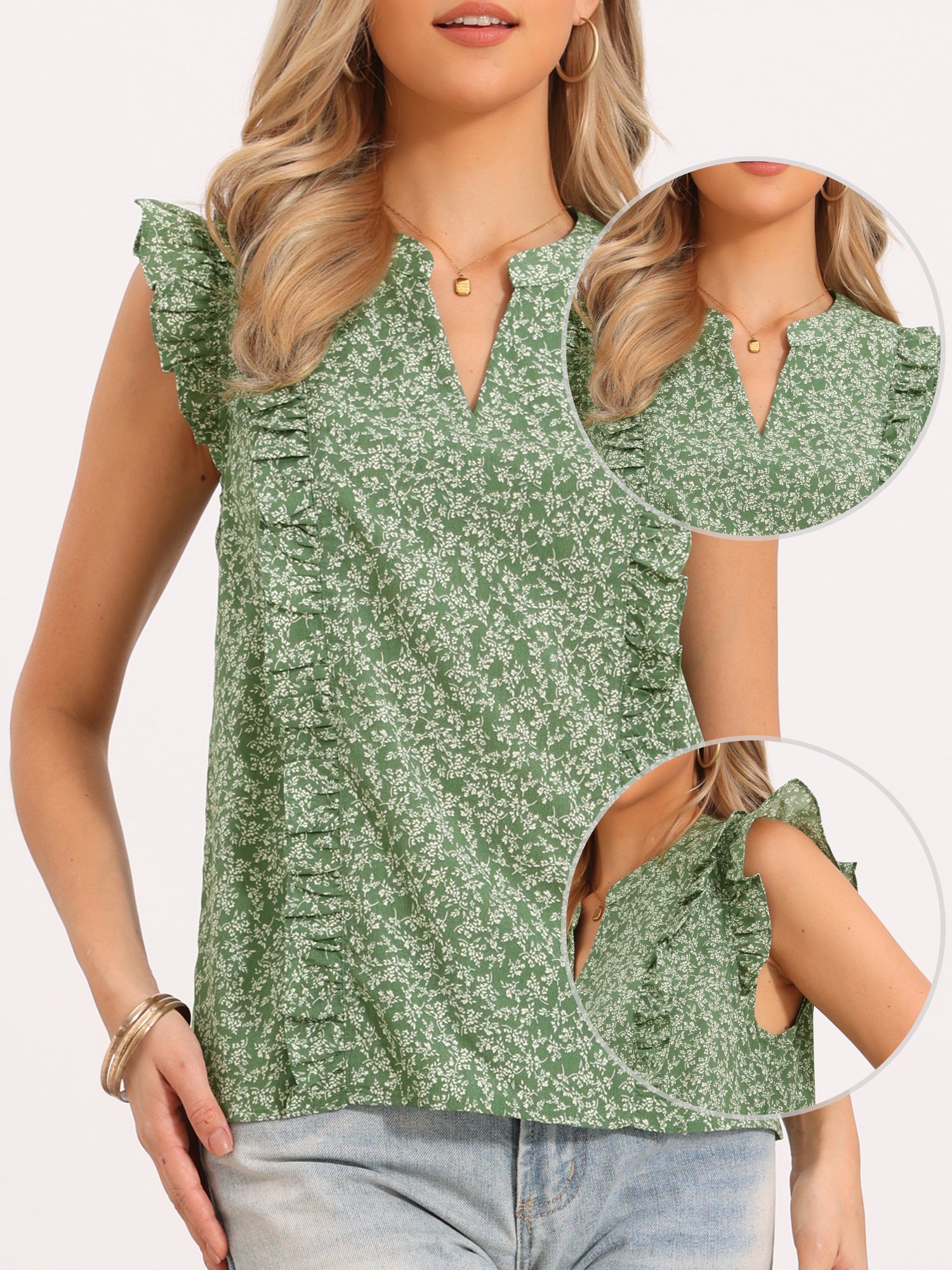Ruffled Cap Sleeve Notch Neck Summer Floral Blouse