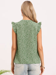 Ruffled Cap Sleeve Notch Neck Summer Floral Blouse