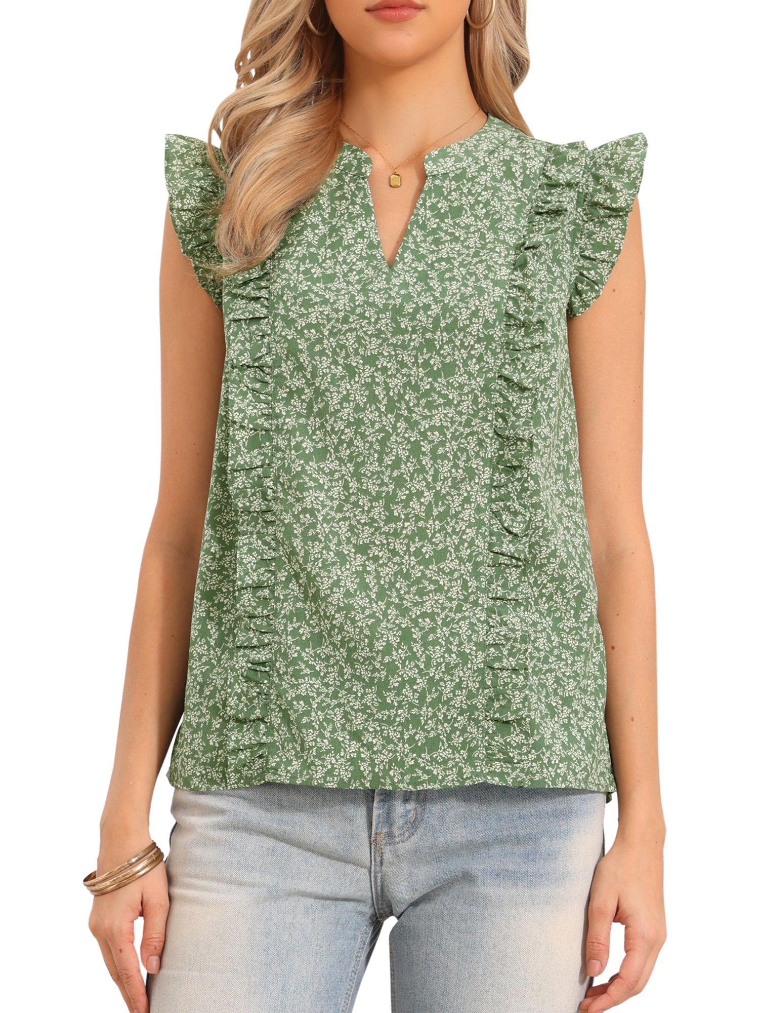 Ruffled Cap Sleeve Notch Neck Summer Floral Blouse