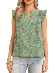 Ruffled Cap Sleeve Notch Neck Summer Floral Blouse