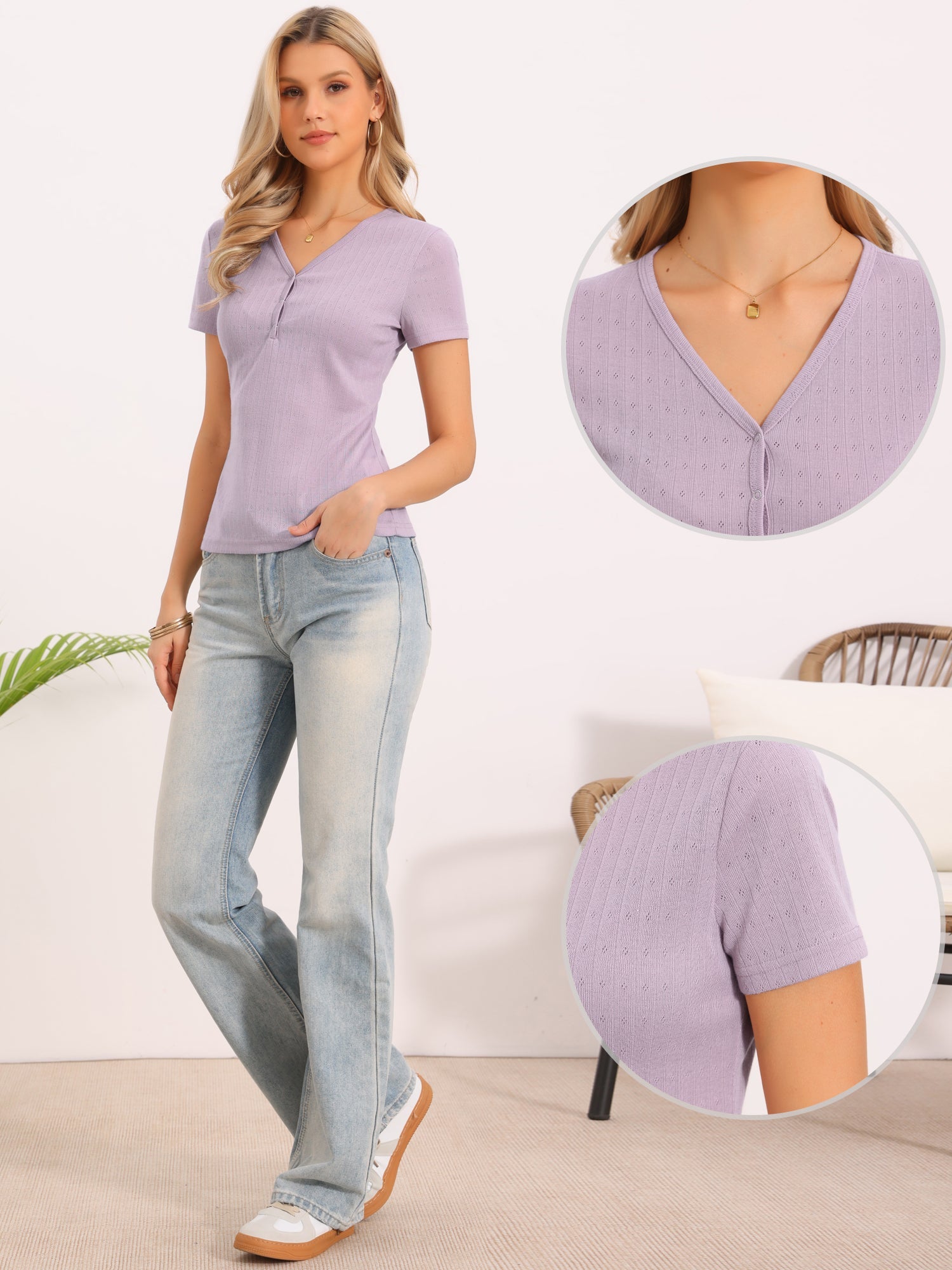 Short Sleeve V Neck Ribbed Knit Henley Tops