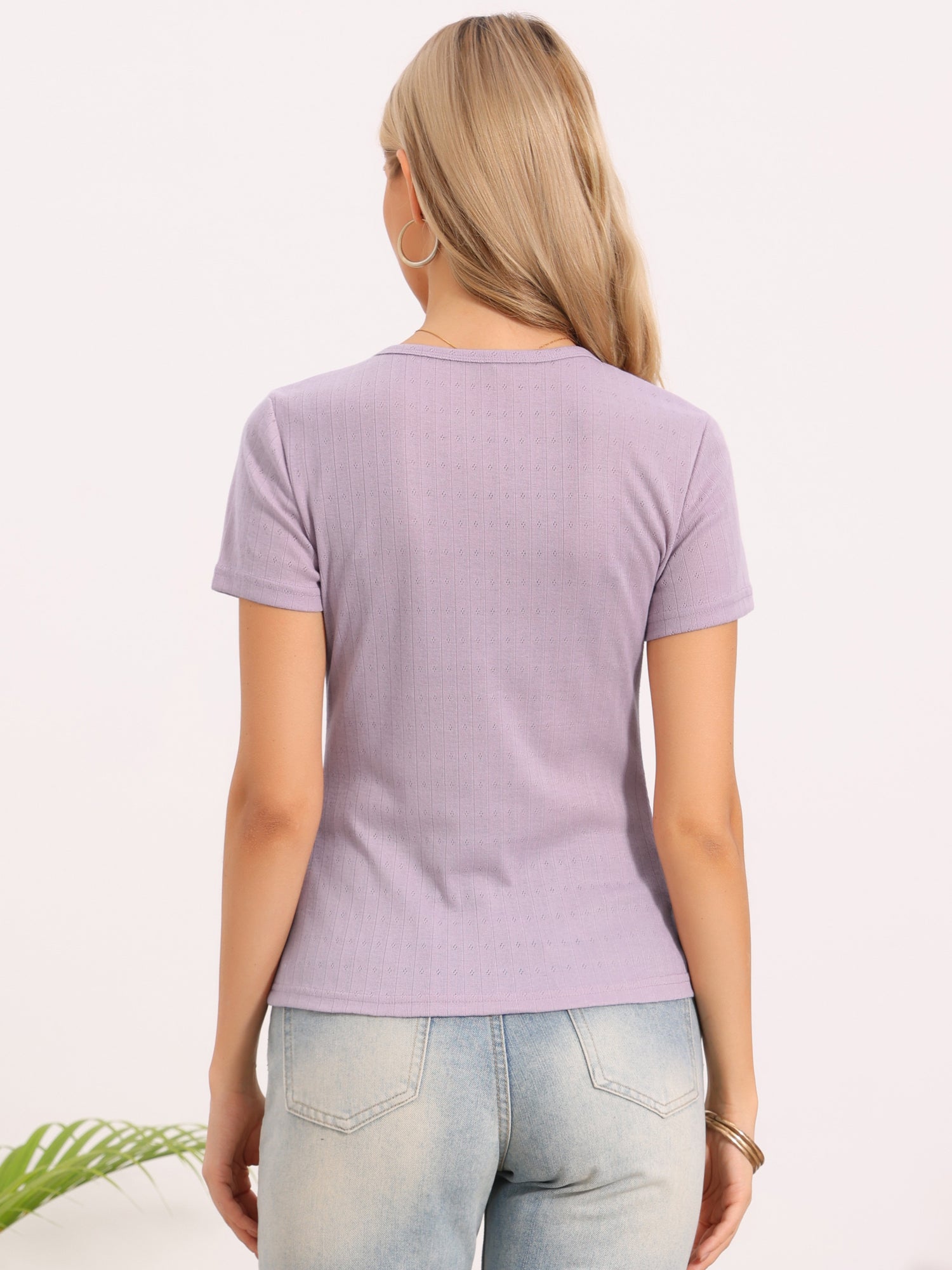 Short Sleeve V Neck Ribbed Knit Henley Tops