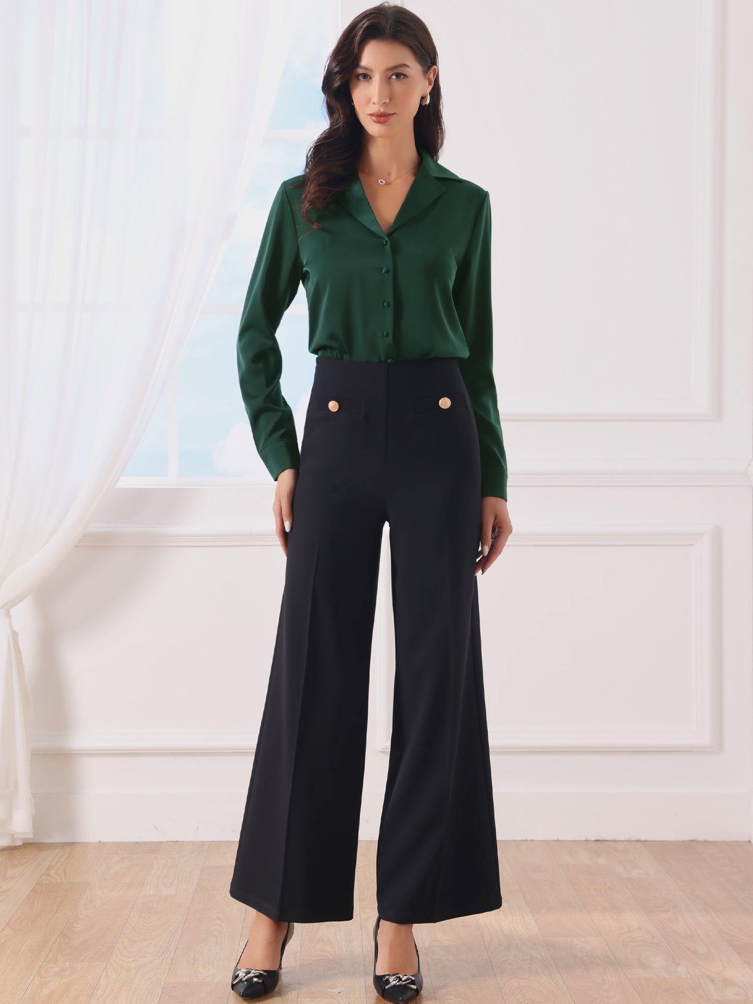 Button Up Notched Lapel Long Sleeve Satin Bodysuit